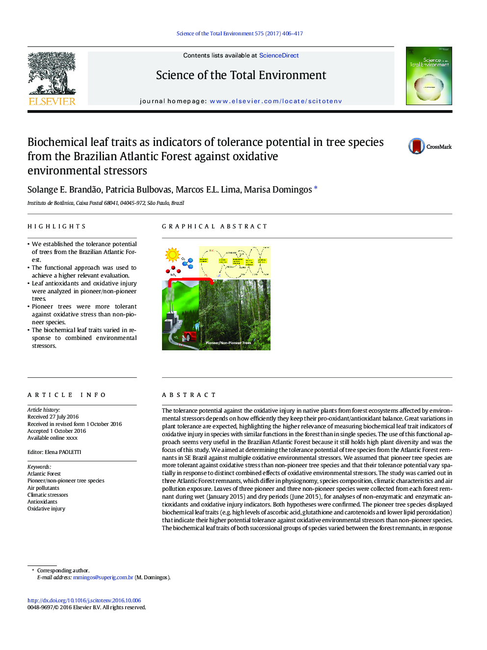 Biochemical leaf traits as indicators of tolerance potential in tree species from the Brazilian Atlantic Forest against oxidative environmental stressors