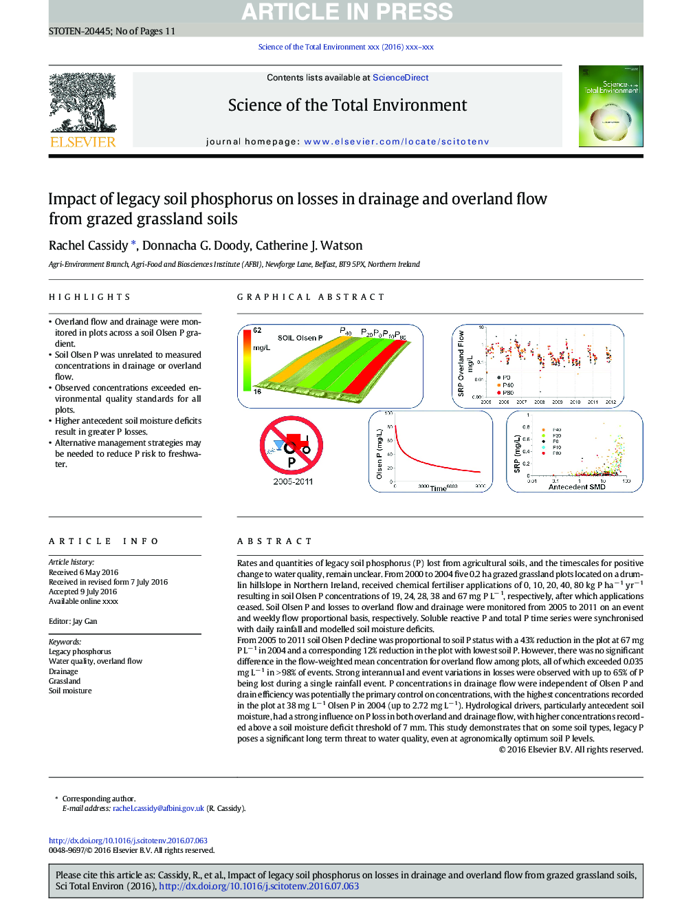 Impact of legacy soil phosphorus on losses in drainage and overland flow from grazed grassland soils