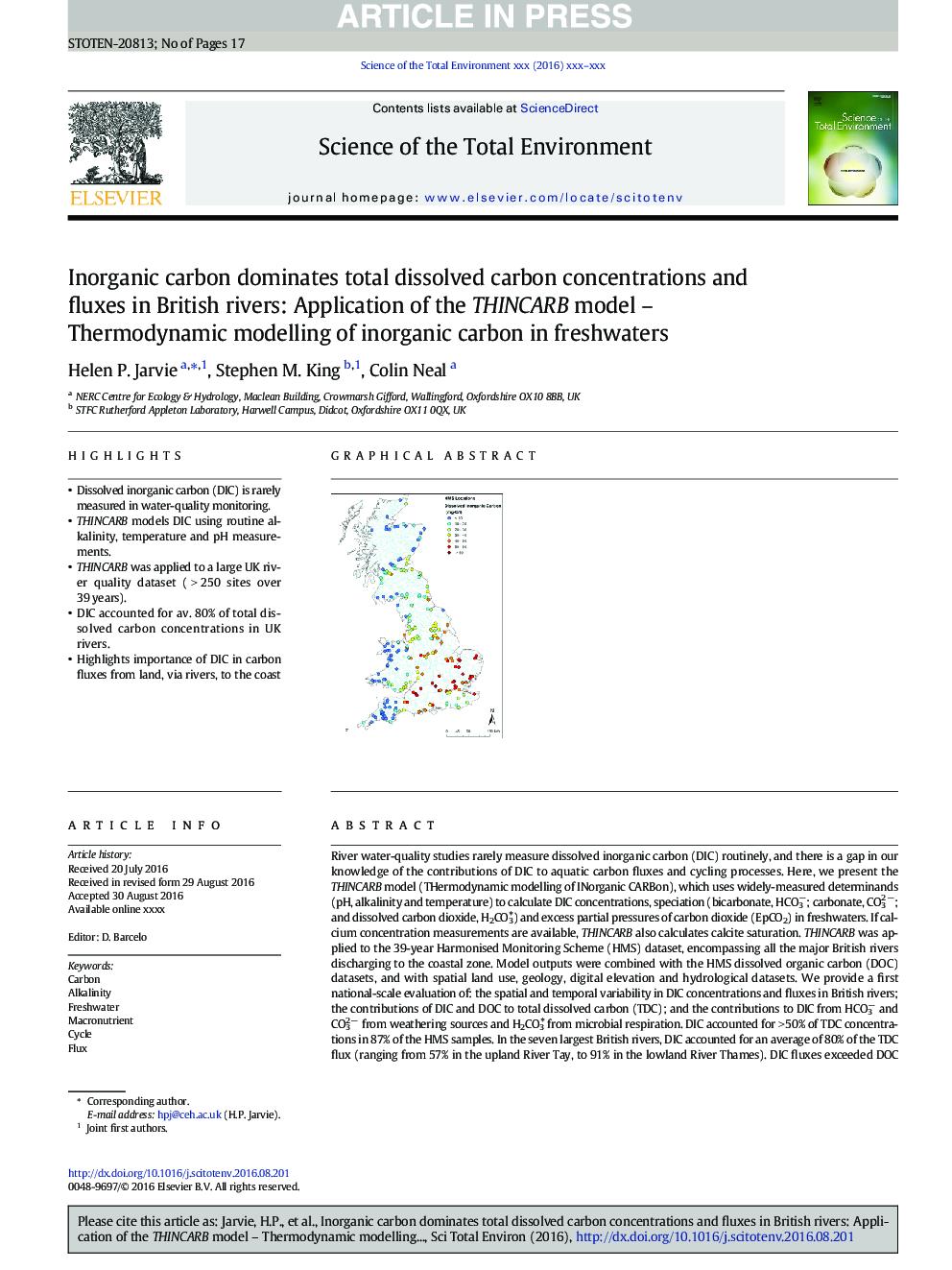 Inorganic carbon dominates total dissolved carbon concentrations and fluxes in British rivers: Application of the THINCARB model - Thermodynamic modelling of inorganic carbon in freshwaters