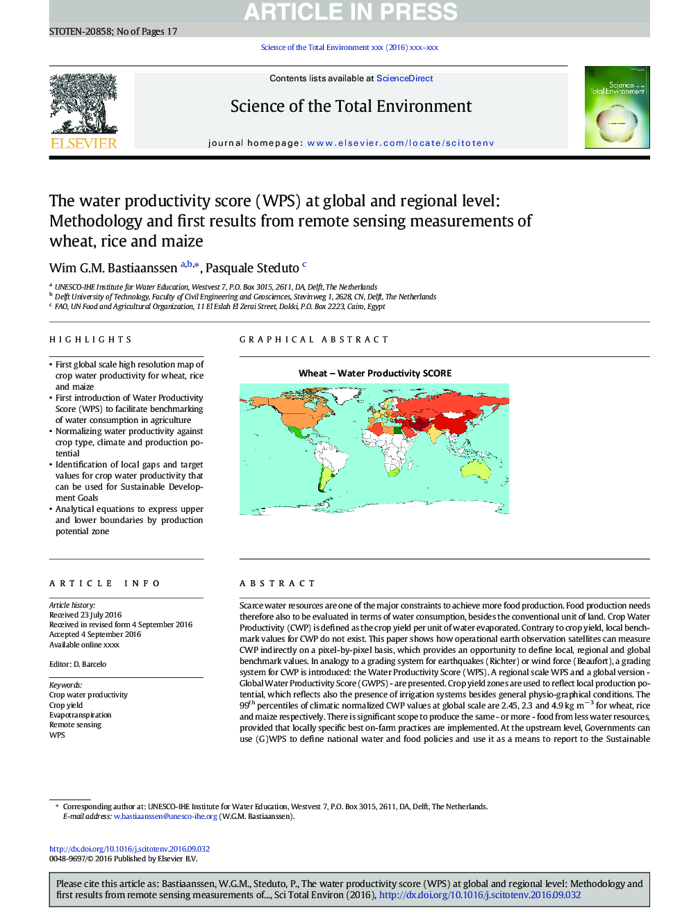 The water productivity score (WPS) at global and regional level: Methodology and first results from remote sensing measurements of wheat, rice and maize