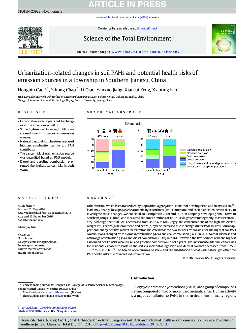 Urbanization-related changes in soil PAHs and potential health risks of emission sources in a township in Southern Jiangsu, China
