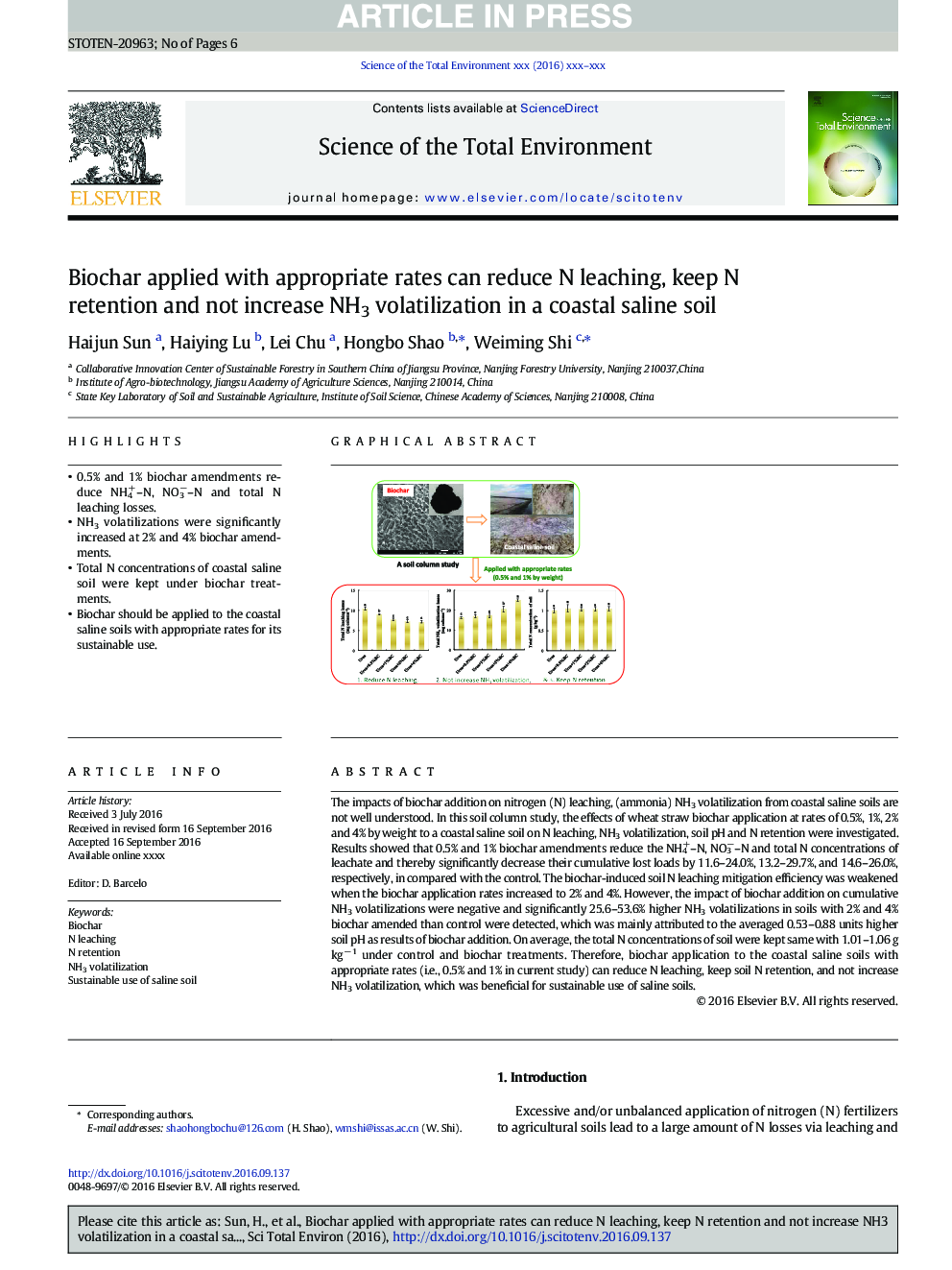 Biochar applied with appropriate rates can reduce N leaching, keep N retention and not increase NH3 volatilization in a coastal saline soil