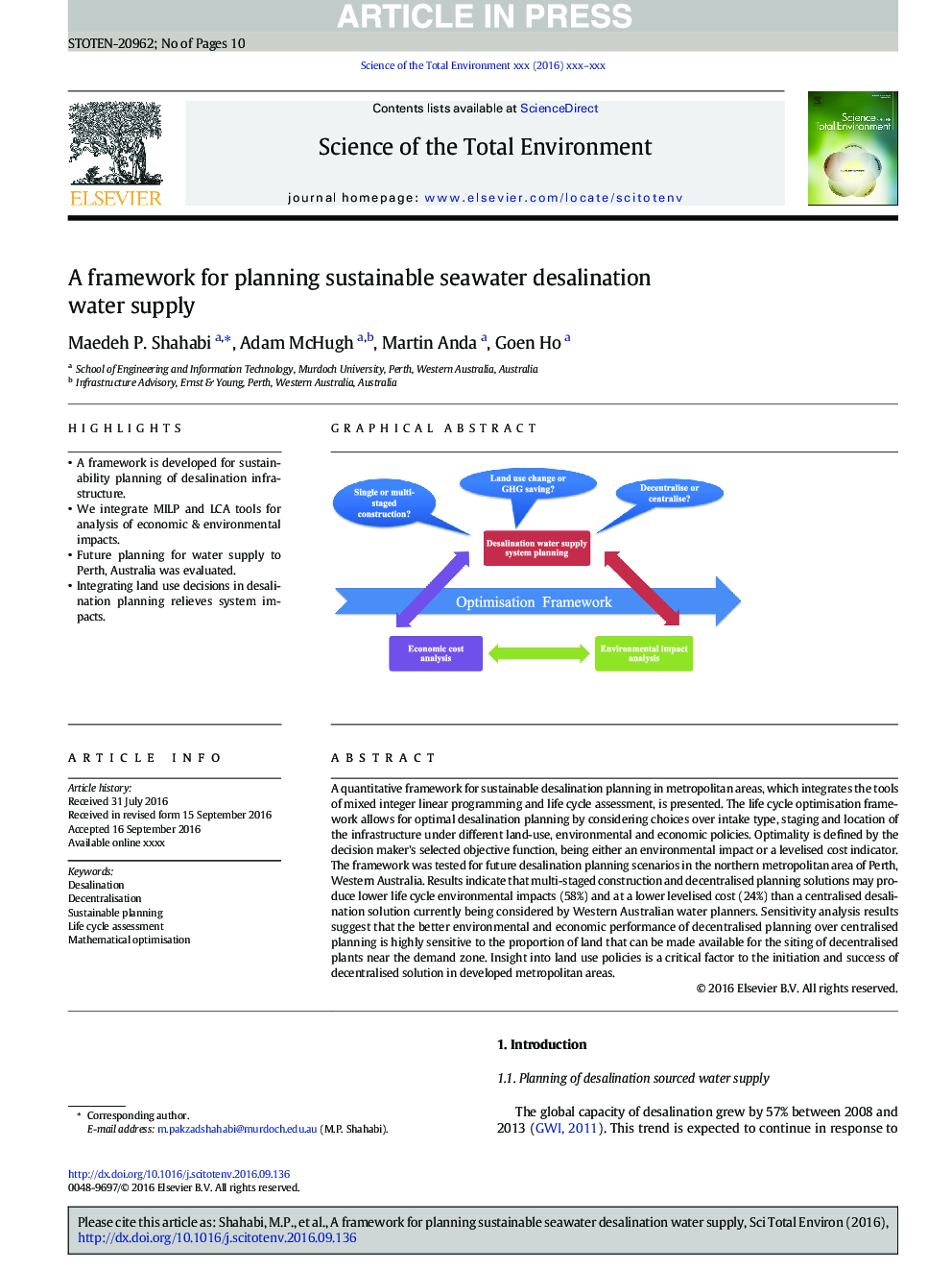 A framework for planning sustainable seawater desalination water supply