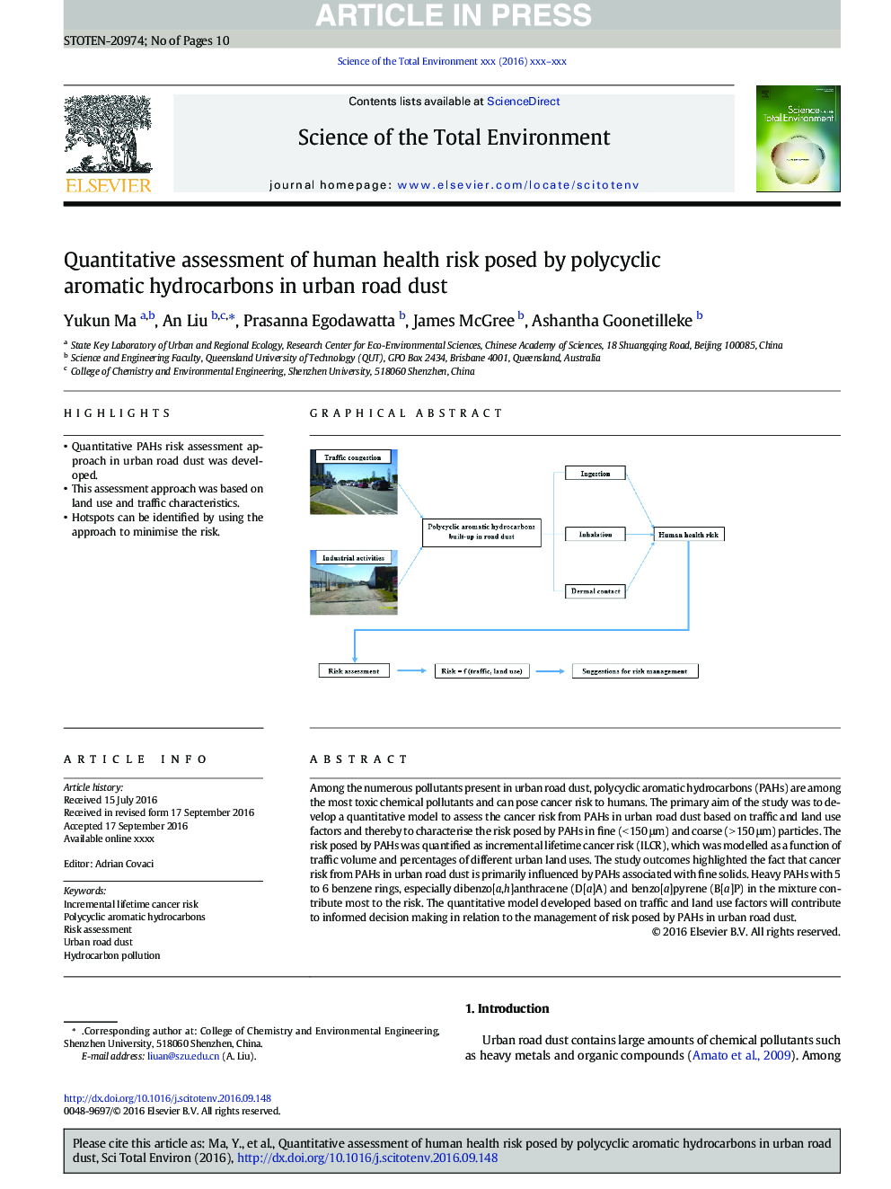 Quantitative assessment of human health risk posed by polycyclic aromatic hydrocarbons in urban road dust