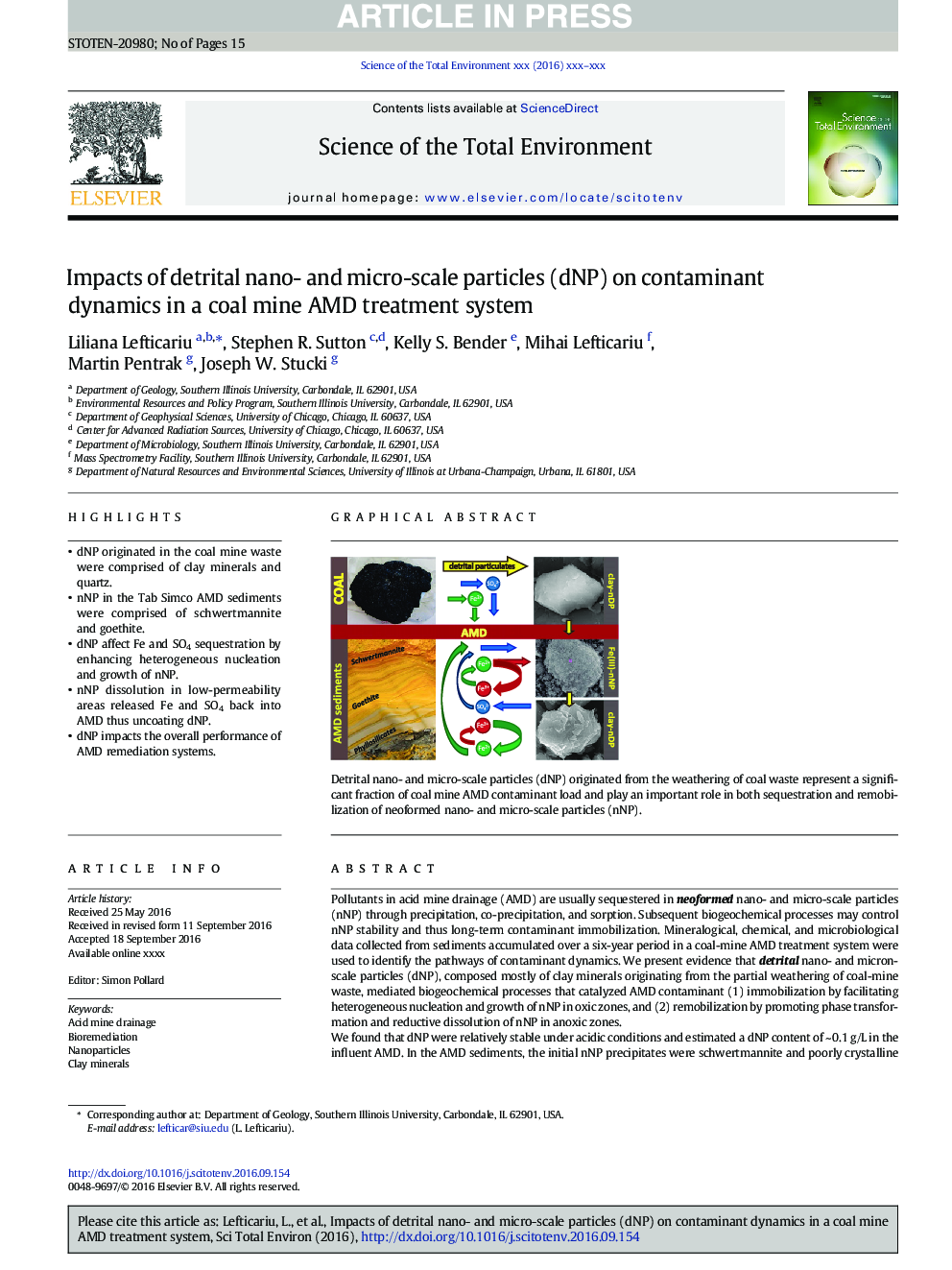 Impacts of detrital nano- and micro-scale particles (dNP) on contaminant dynamics in a coal mine AMD treatment system