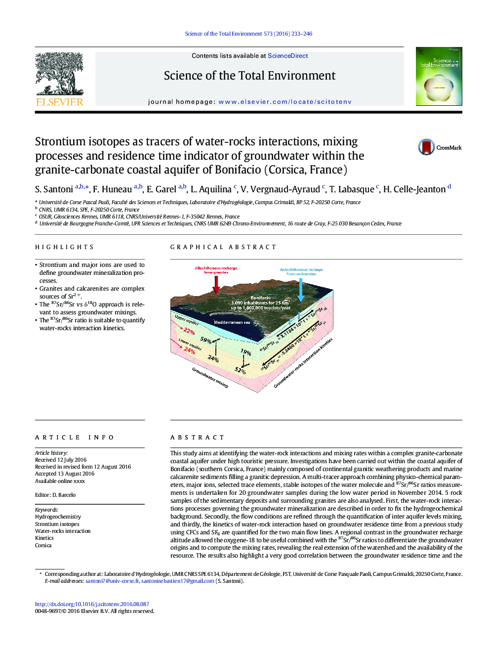 Strontium isotopes as tracers of water-rocks interactions, mixing processes and residence time indicator of groundwater within the granite-carbonate coastal aquifer of Bonifacio (Corsica, France)