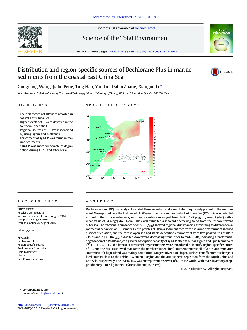 Distribution and region-specific sources of Dechlorane Plus in marine sediments from the coastal East China Sea