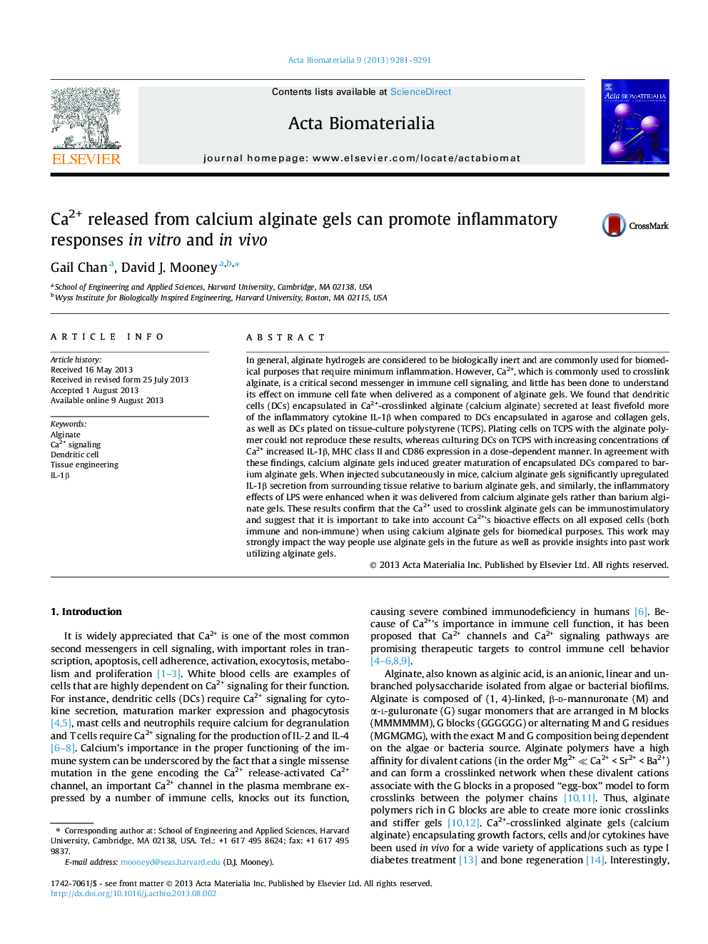 Ca2+ released from calcium alginate gels can promote inflammatory responses in vitro and in vivo