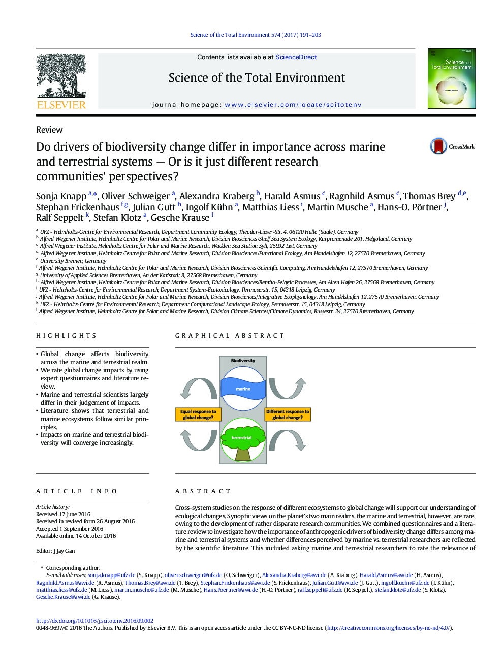 Do drivers of biodiversity change differ in importance across marine and terrestrial systems - Or is it just different research communities' perspectives?