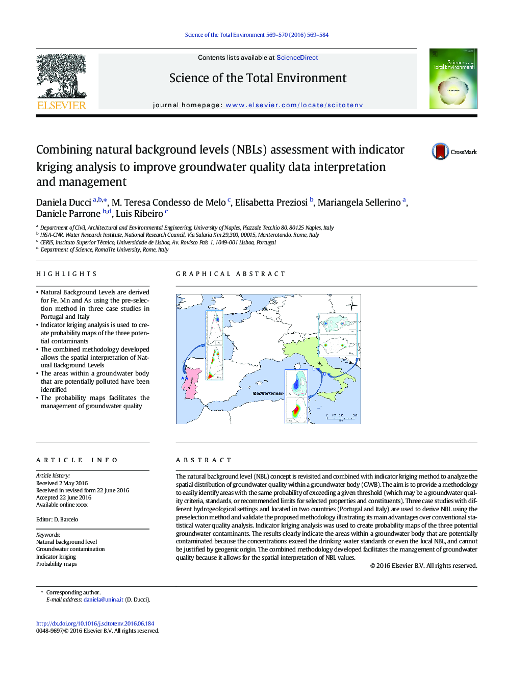 Combining natural background levels (NBLs) assessment with indicator kriging analysis to improve groundwater quality data interpretation and management