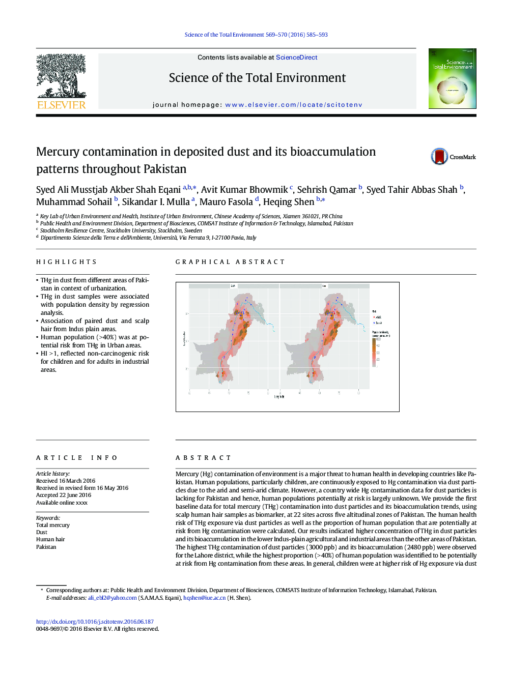 Mercury contamination in deposited dust and its bioaccumulation patterns throughout Pakistan