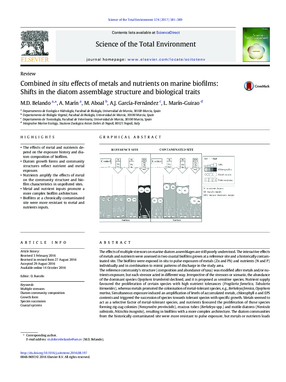 Combined in situ effects of metals and nutrients on marine biofilms: Shifts in the diatom assemblage structure and biological traits