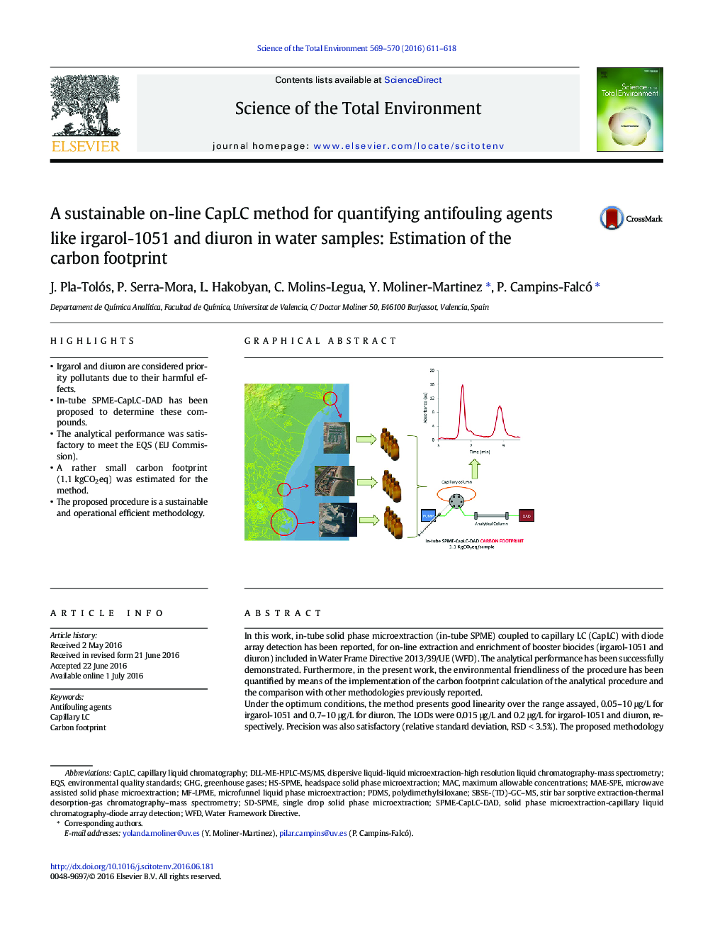 A sustainable on-line CapLC method for quantifying antifouling agents like irgarol-1051 and diuron in water samples: Estimation of the carbon footprint