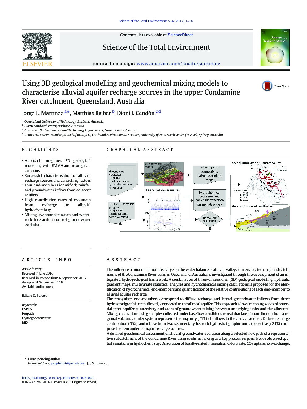 Using 3D geological modelling and geochemical mixing models to characterise alluvial aquifer recharge sources in the upper Condamine River catchment, Queensland, Australia
