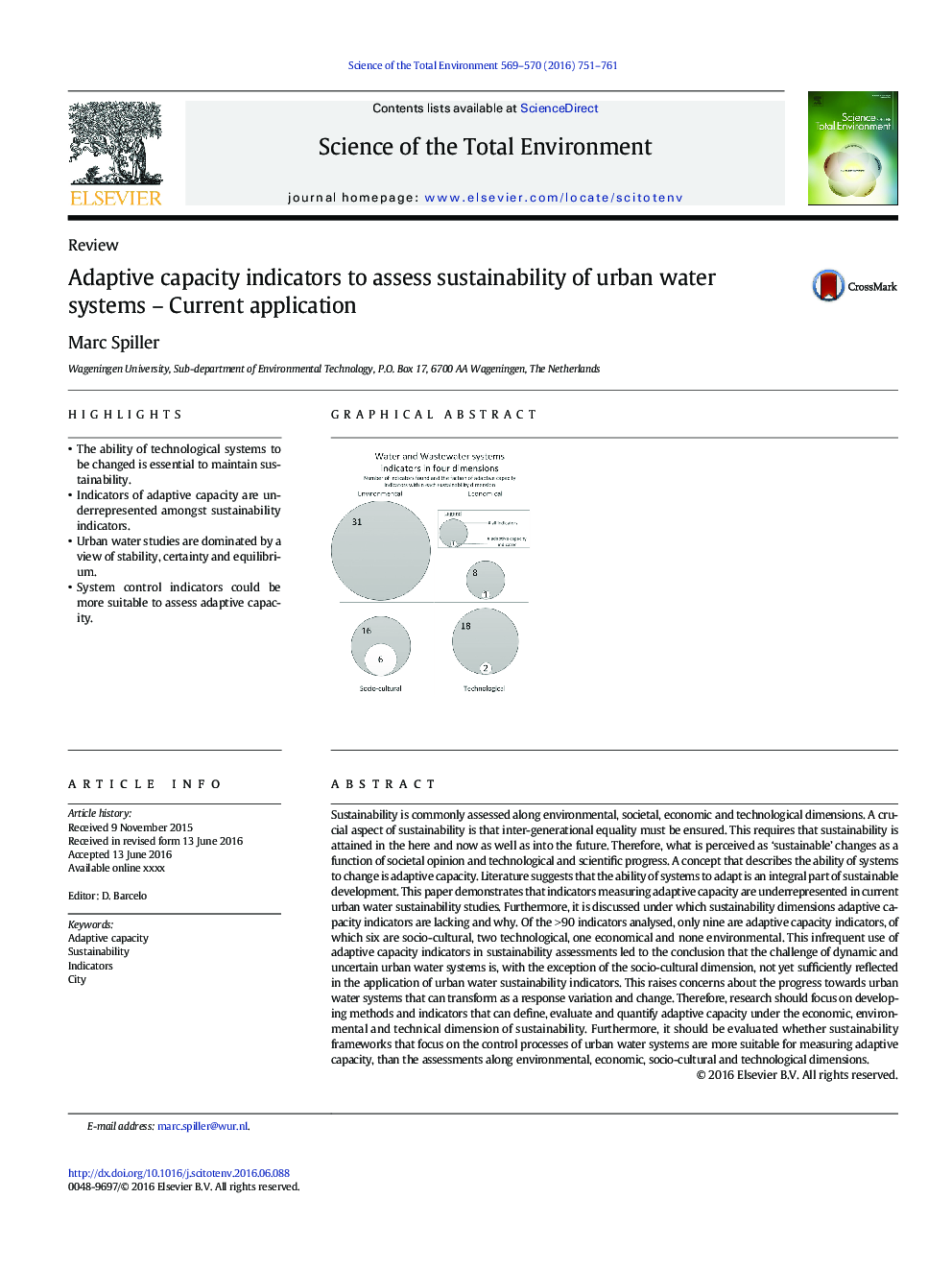 Adaptive capacity indicators to assess sustainability of urban water systems - Current application