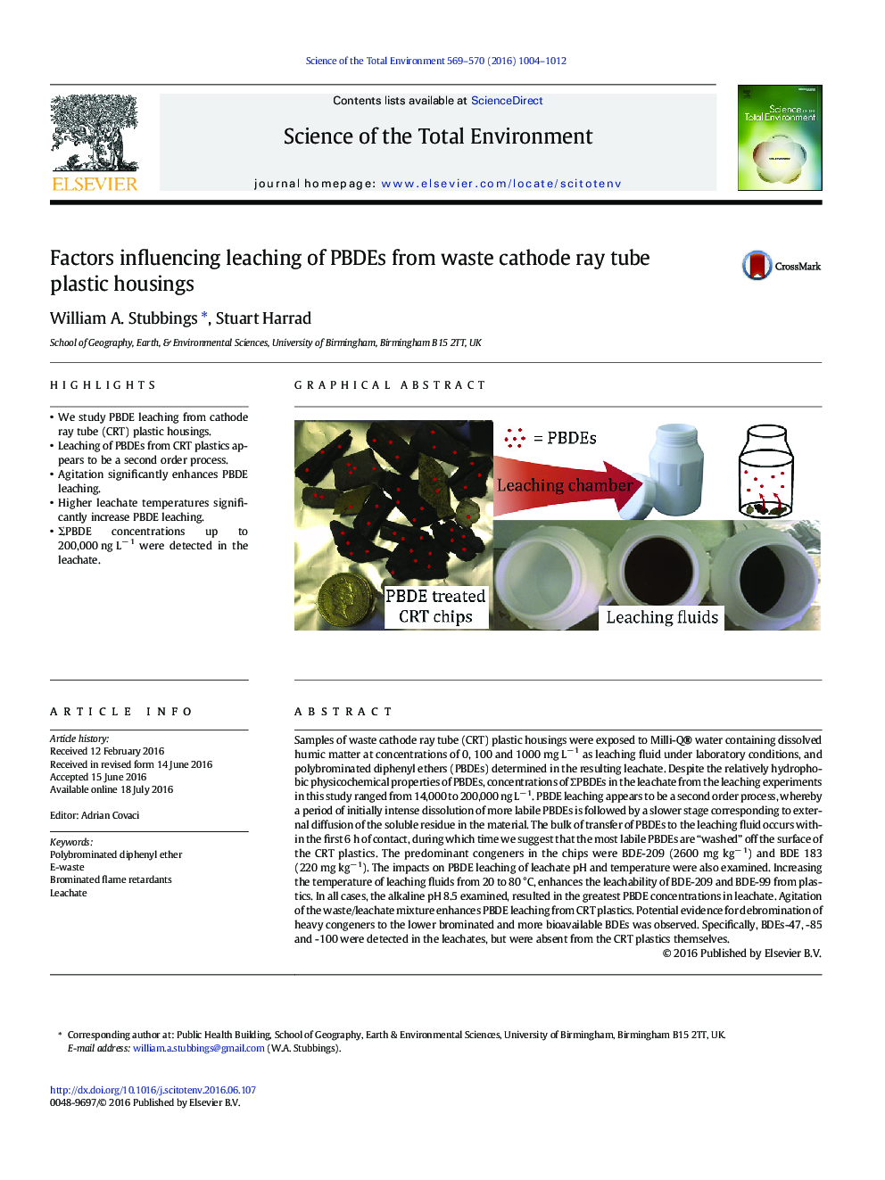 Factors influencing leaching of PBDEs from waste cathode ray tube plastic housings