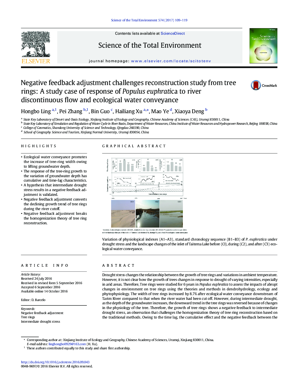 Negative feedback adjustment challenges reconstruction study from tree rings: A study case of response of Populus euphratica to river discontinuous flow and ecological water conveyance