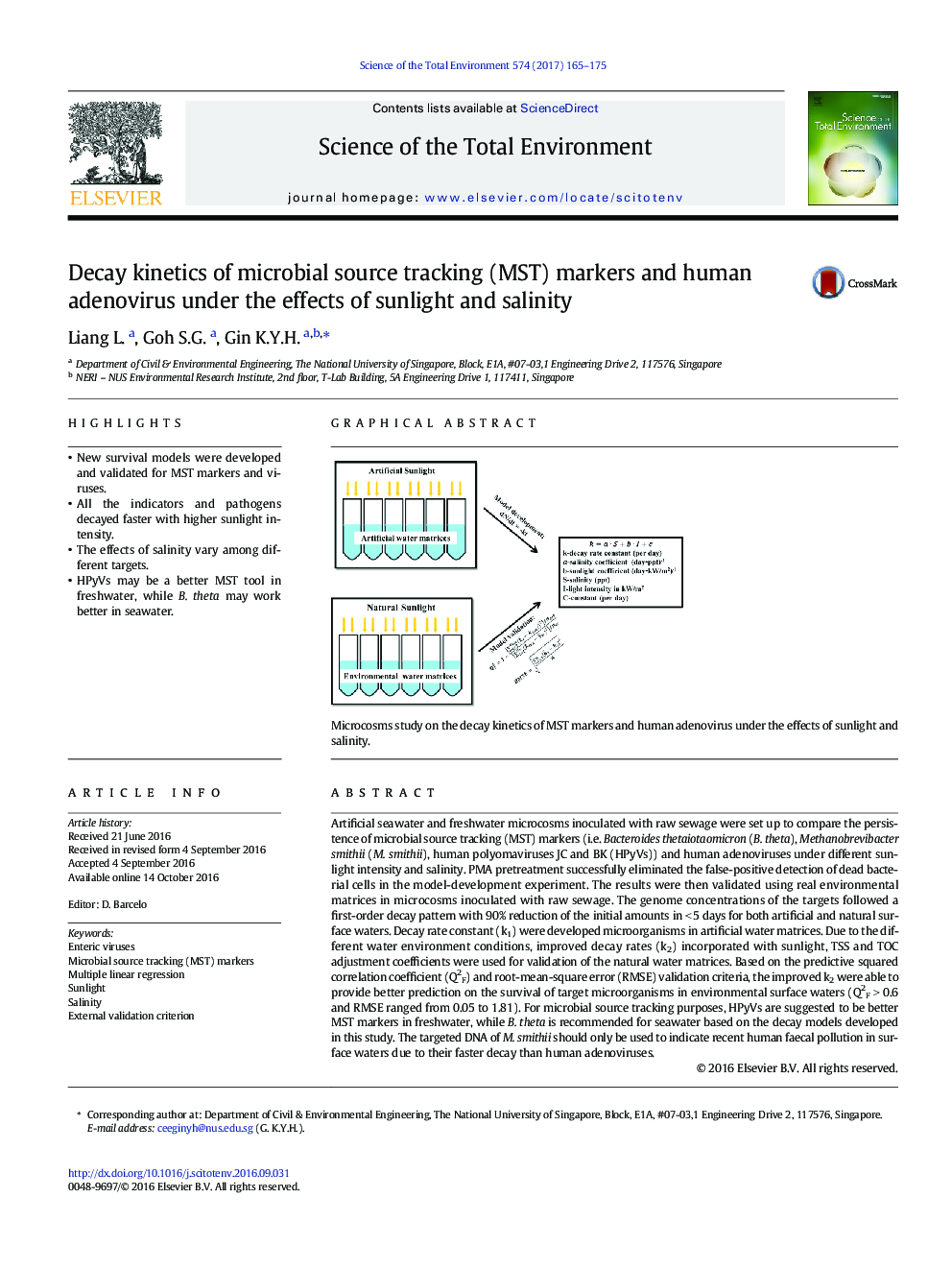 Decay kinetics of microbial source tracking (MST) markers and human adenovirus under the effects of sunlight and salinity