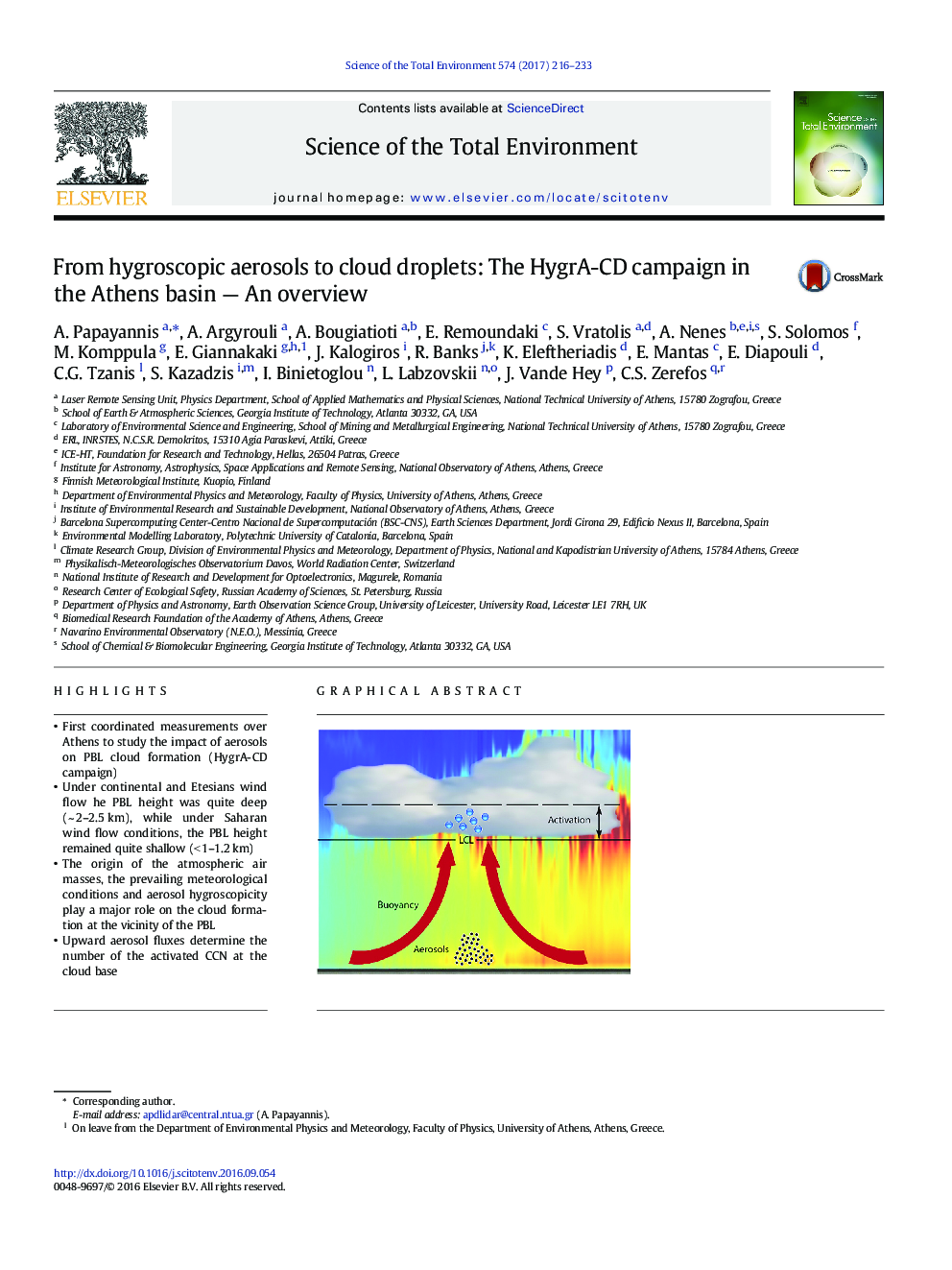 An overview from hygroscopic aerosols to cloud droplets: The HygrA-CD campaign in the Athens basin
