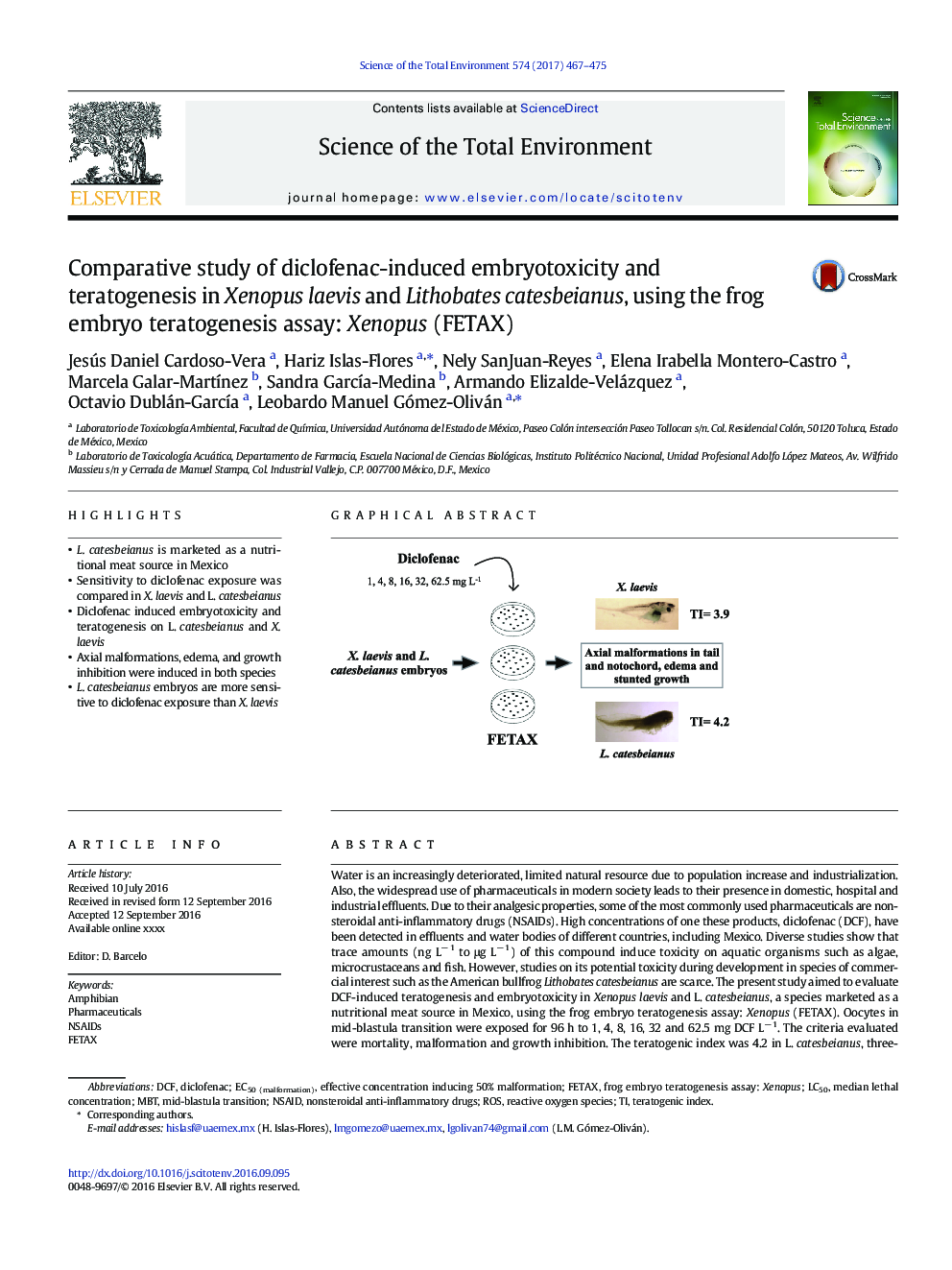 Comparative study of diclofenac-induced embryotoxicity and teratogenesis in Xenopus laevis and Lithobates catesbeianus, using the frog embryo teratogenesis assay: Xenopus (FETAX)