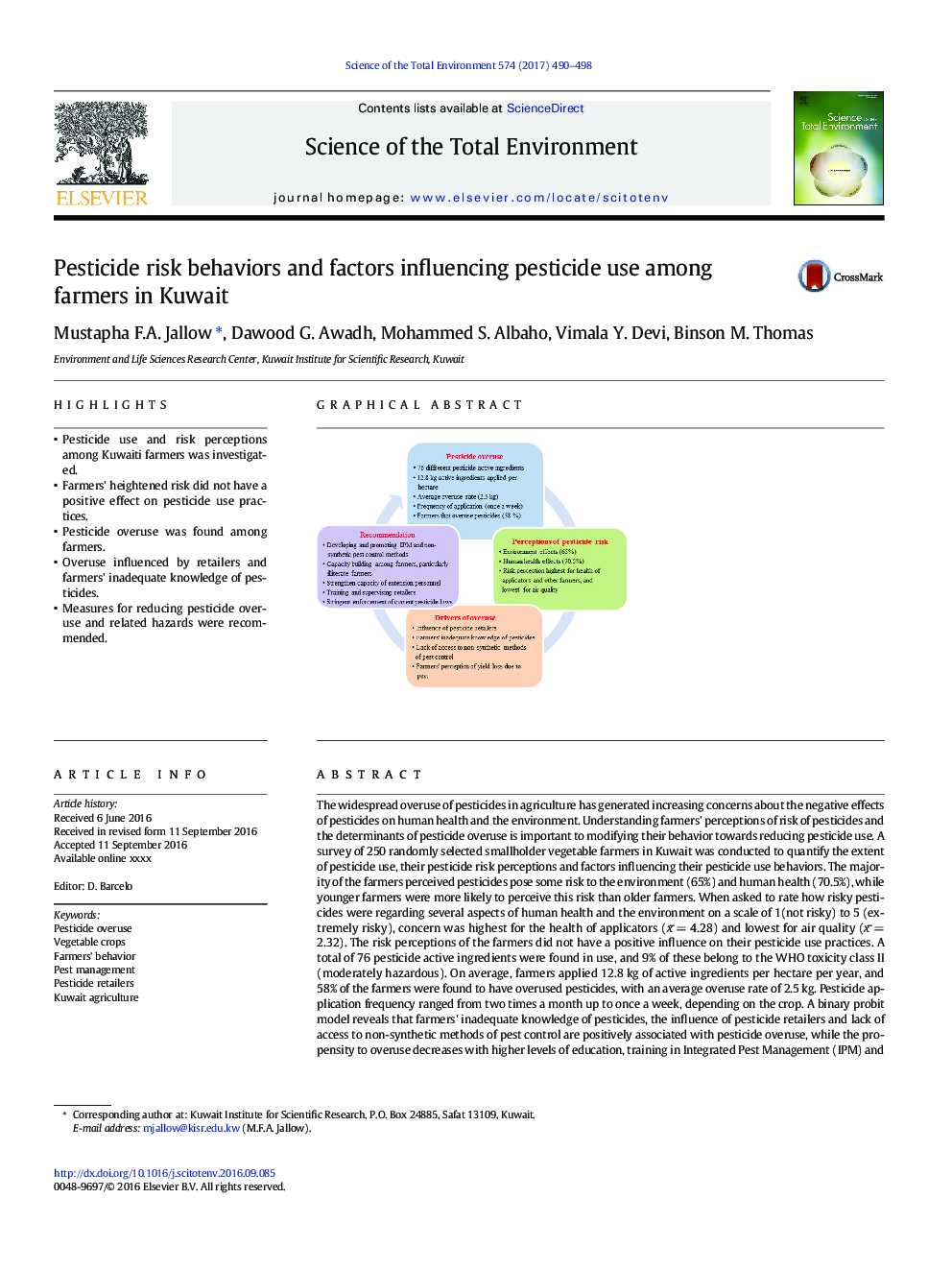 Pesticide risk behaviors and factors influencing pesticide use among farmers in Kuwait