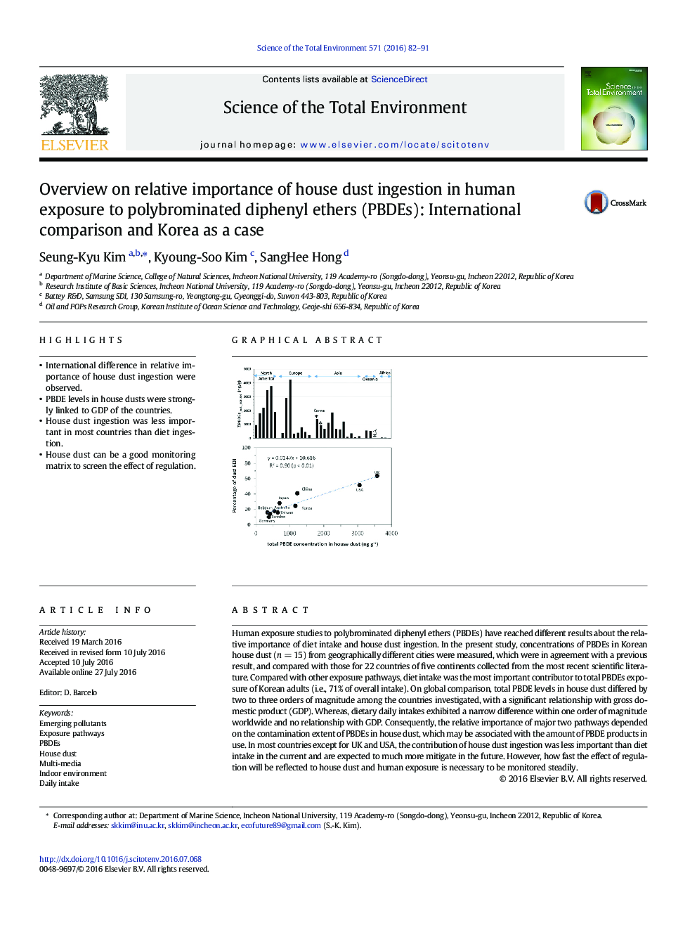 Overview on relative importance of house dust ingestion in human exposure to polybrominated diphenyl ethers (PBDEs): International comparison and Korea as a case