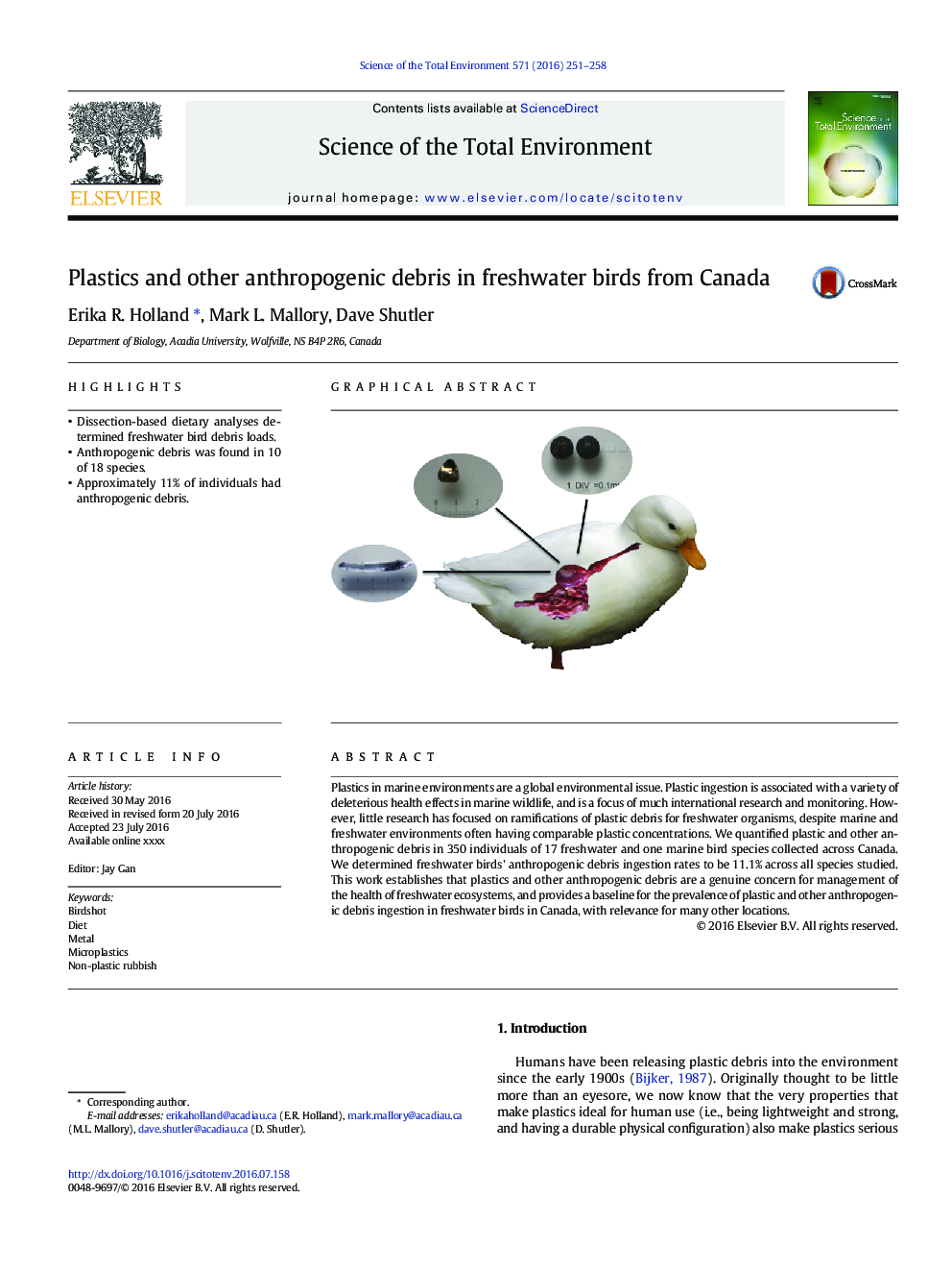 Plastics and other anthropogenic debris in freshwater birds from Canada