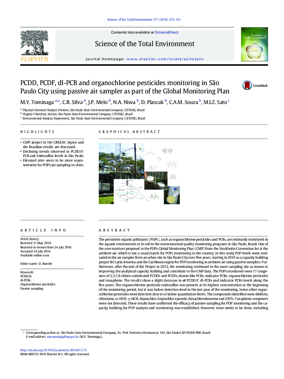 عکس صفحه اول مقاله: PCDD, PCDF, dl-PCB and organochlorine pesticides monitoring in São Paulo City using passive air sampler as part of the Global Monitoring Plan PCDD, PCDF, dl-PCB and organochlorine pesticides monitoring in São Paulo City using passive air sampler as part of the Global Monitoring Plan
