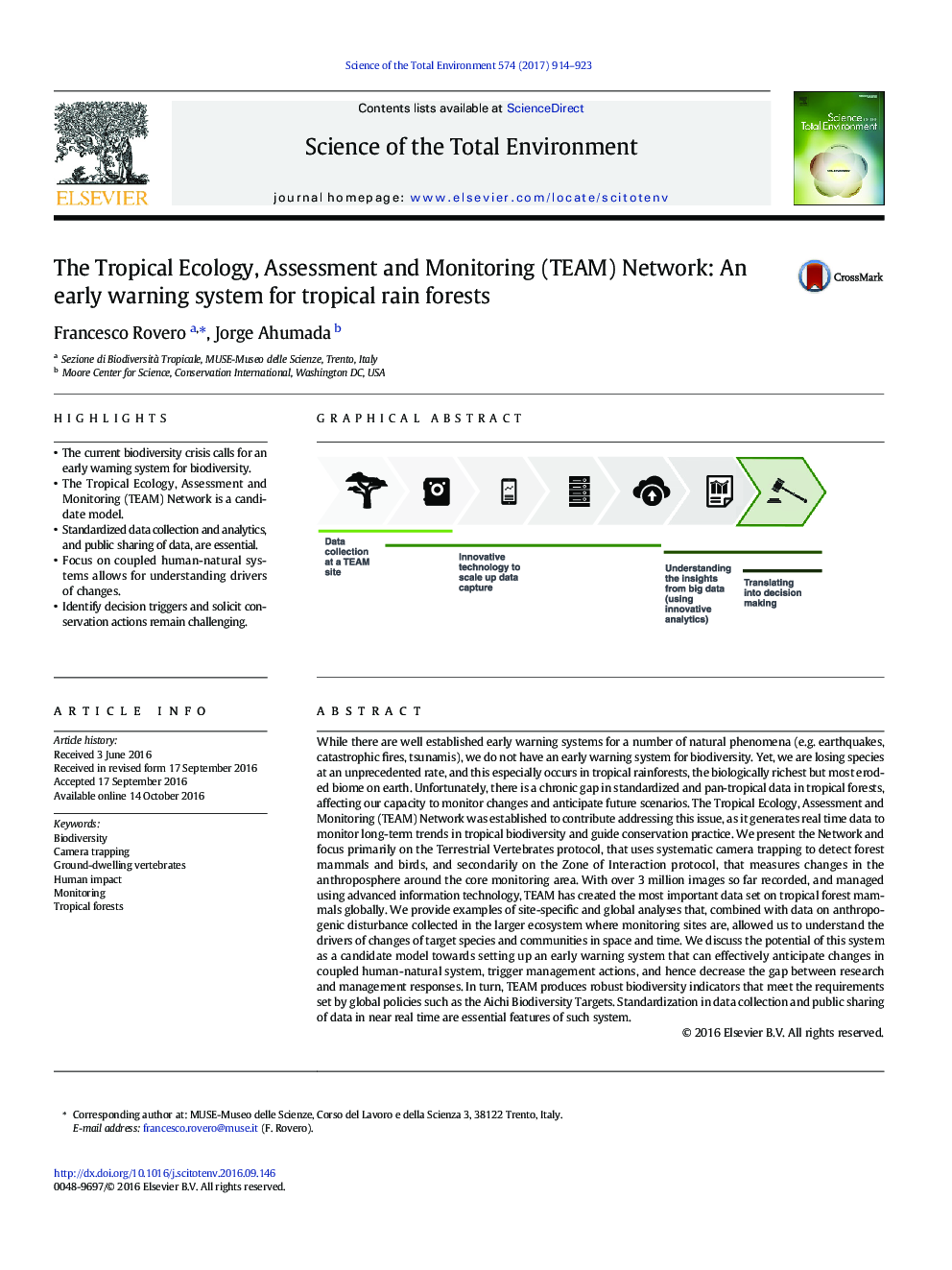 The Tropical Ecology, Assessment and Monitoring (TEAM) Network: An early warning system for tropical rain forests