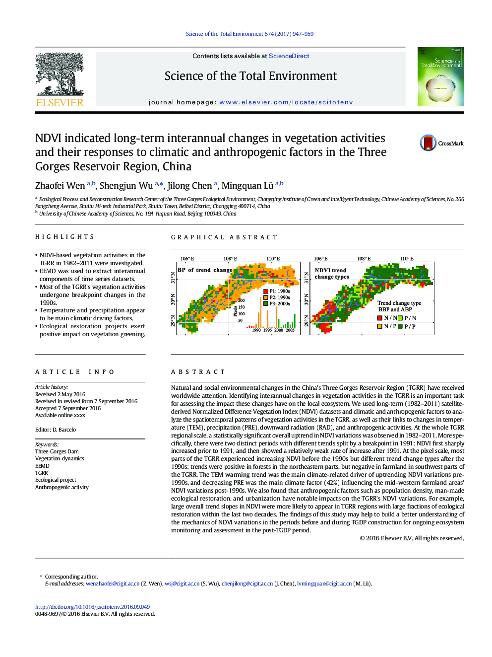 NDVI indicated long-term interannual changes in vegetation activities and their responses to climatic and anthropogenic factors in the Three Gorges Reservoir Region, China