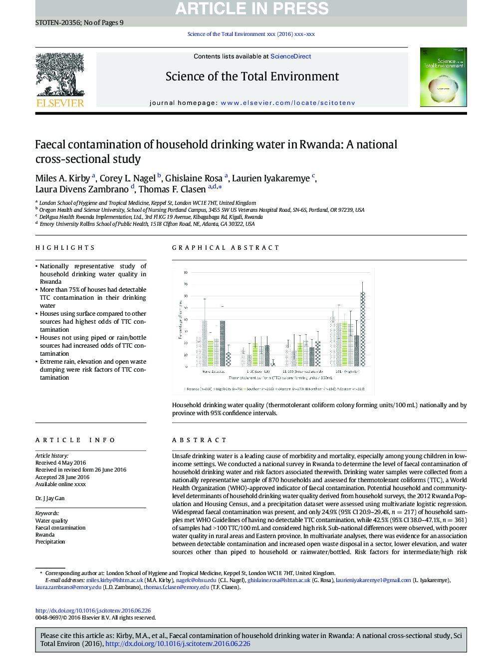 Faecal contamination of household drinking water in Rwanda: A national cross-sectional study