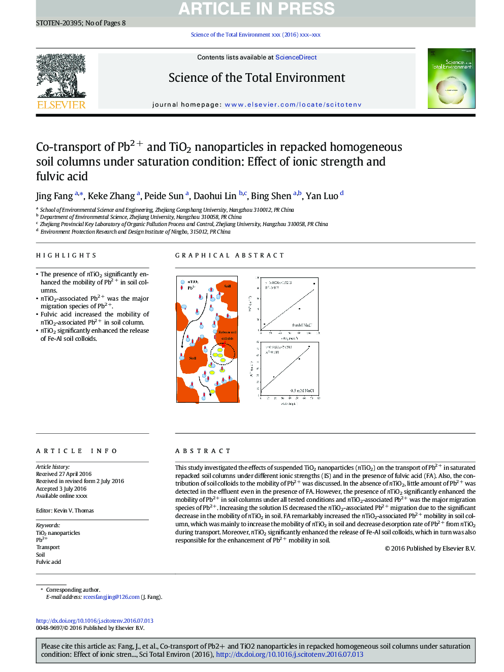 Co-transport of Pb2Â + and TiO2 nanoparticles in repacked homogeneous soil columns under saturation condition: Effect of ionic strength and fulvic acid