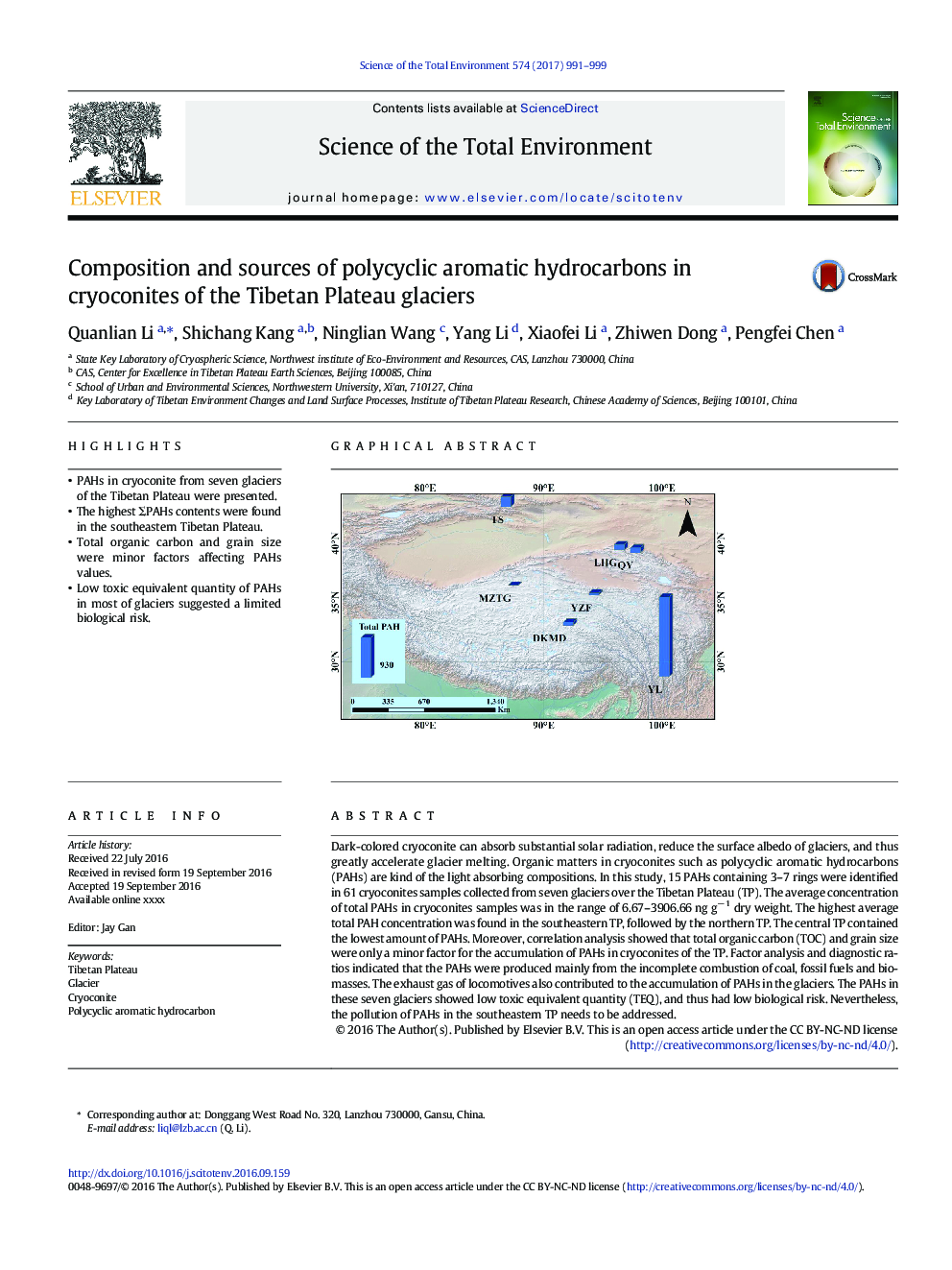 Composition and sources of polycyclic aromatic hydrocarbons in cryoconites of the Tibetan Plateau glaciers