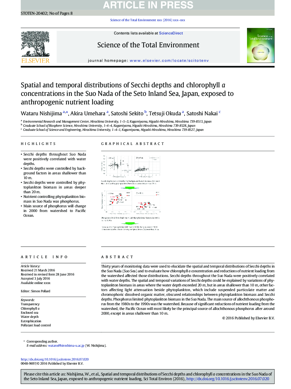 Spatial and temporal distributions of Secchi depths and chlorophyll a concentrations in the Suo Nada of the Seto Inland Sea, Japan, exposed to anthropogenic nutrient loading