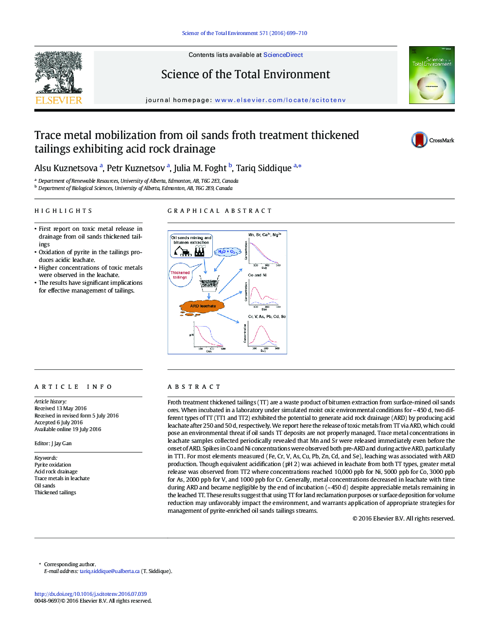 Trace metal mobilization from oil sands froth treatment thickened tailings exhibiting acid rock drainage