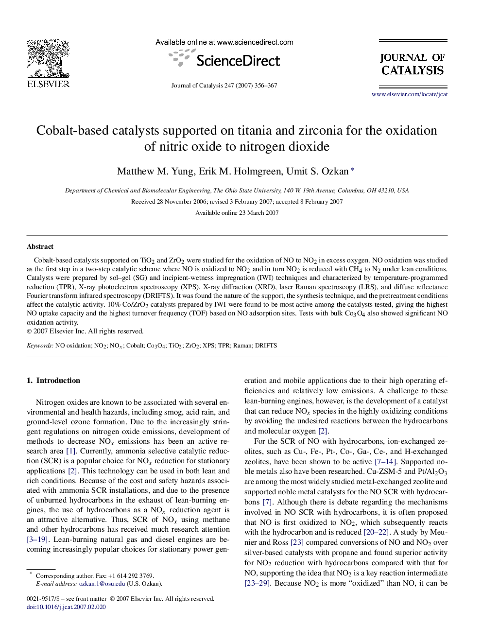 Cobalt-based catalysts supported on titania and zirconia for the oxidation of nitric oxide to nitrogen dioxide