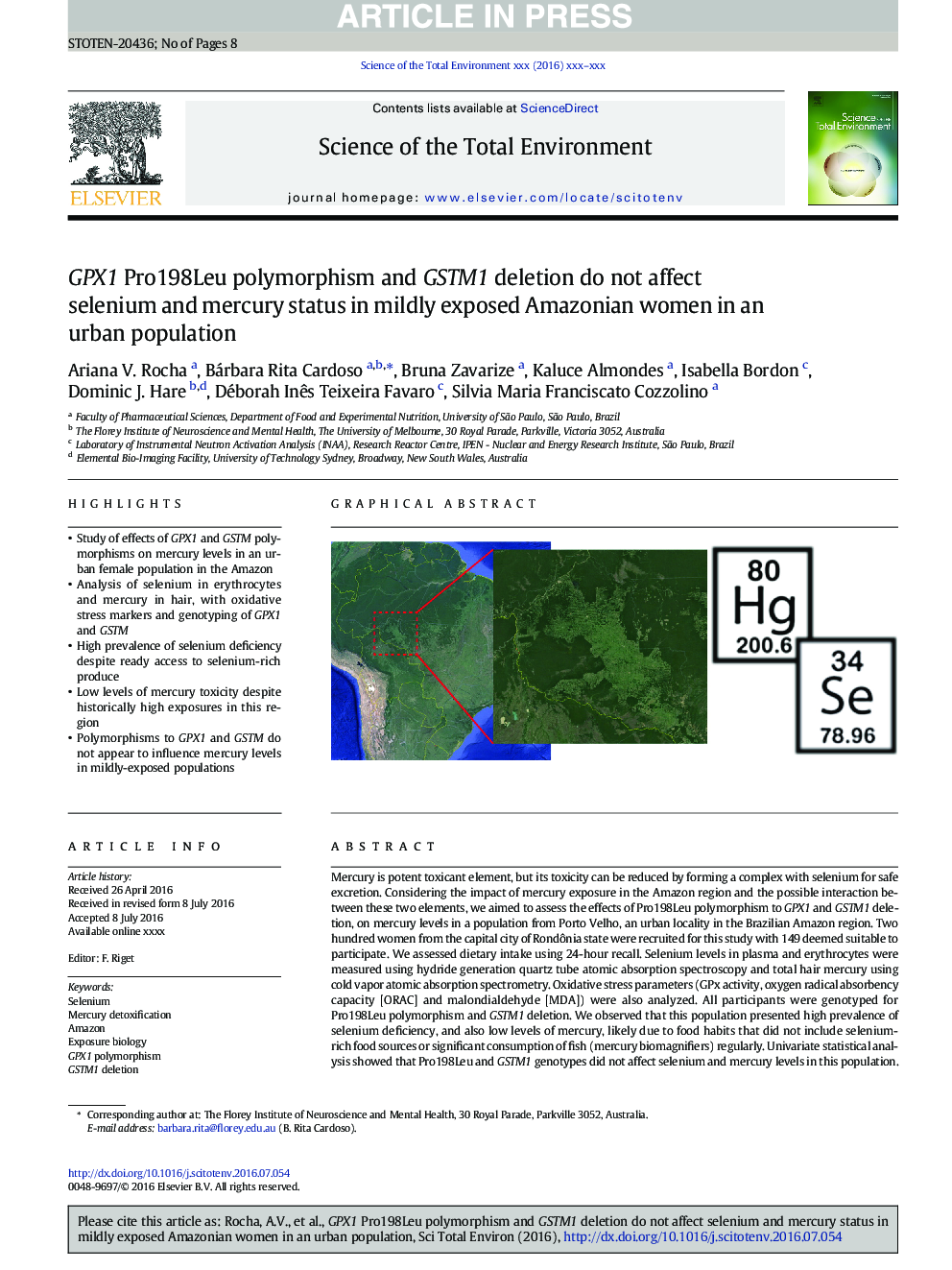 GPX1 Pro198Leu polymorphism and GSTM1 deletion do not affect selenium and mercury status in mildly exposed Amazonian women in an urban population