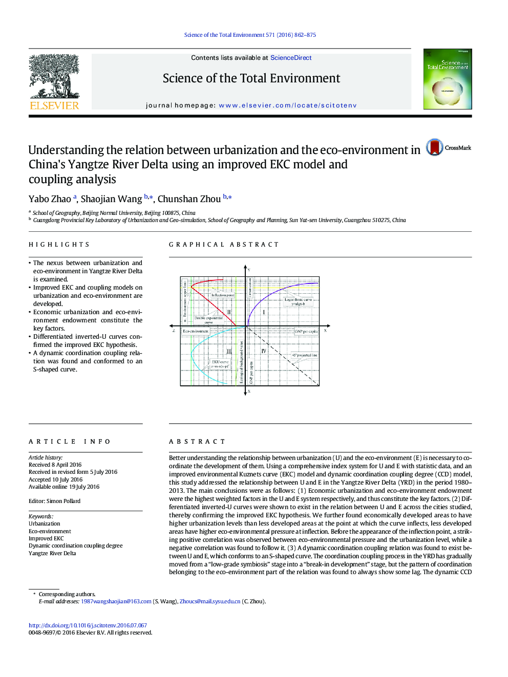 Understanding the relation between urbanization and the eco-environment in China's Yangtze River Delta using an improved EKC model and coupling analysis