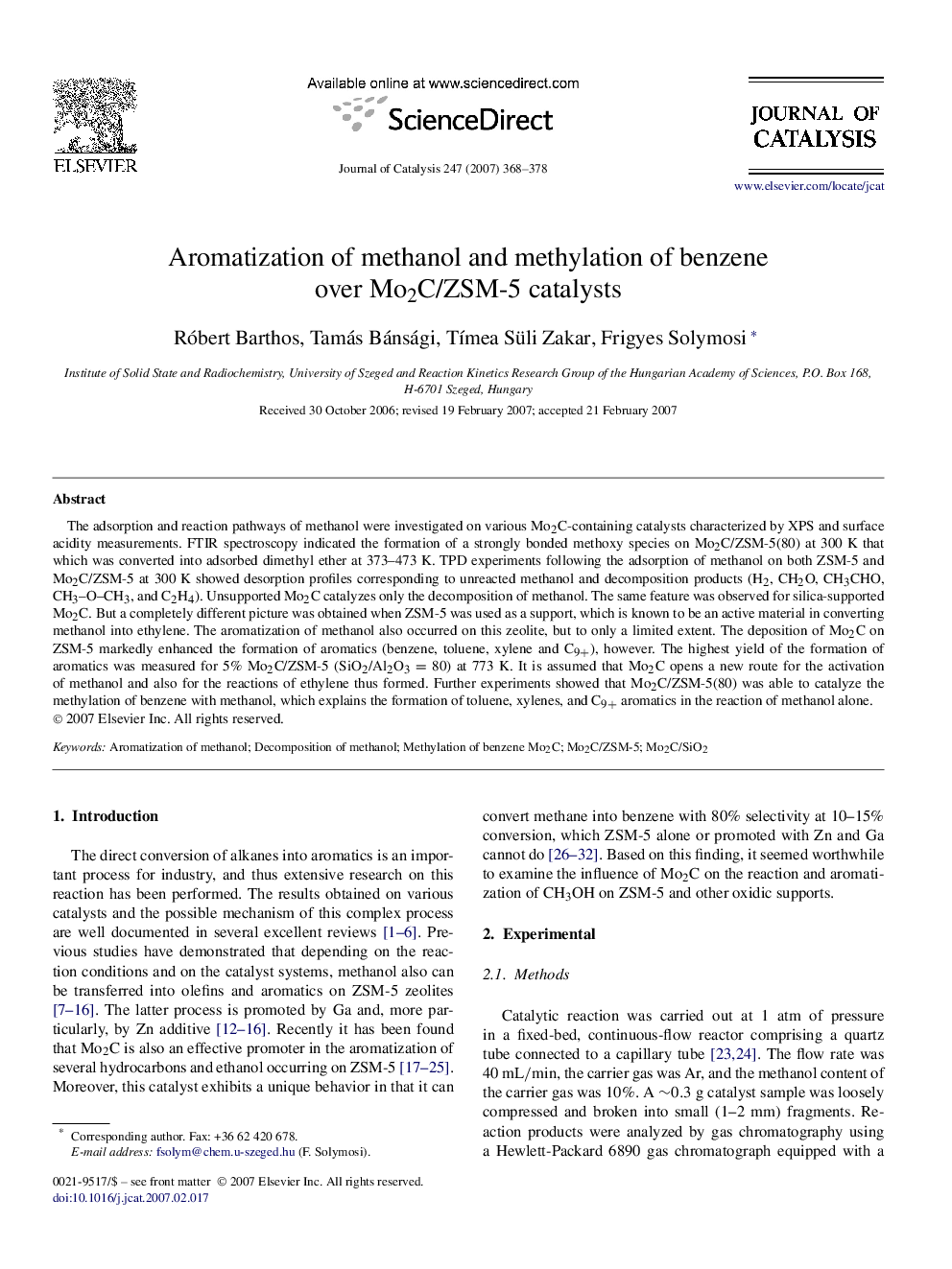 عکس صفحه اول مقاله: Aromatization of methanol and methylation of benzene over Mo2C/ZSM-5 catalysts Aromatization of methanol and methylation of benzene over Mo2C/ZSM-5 catalysts