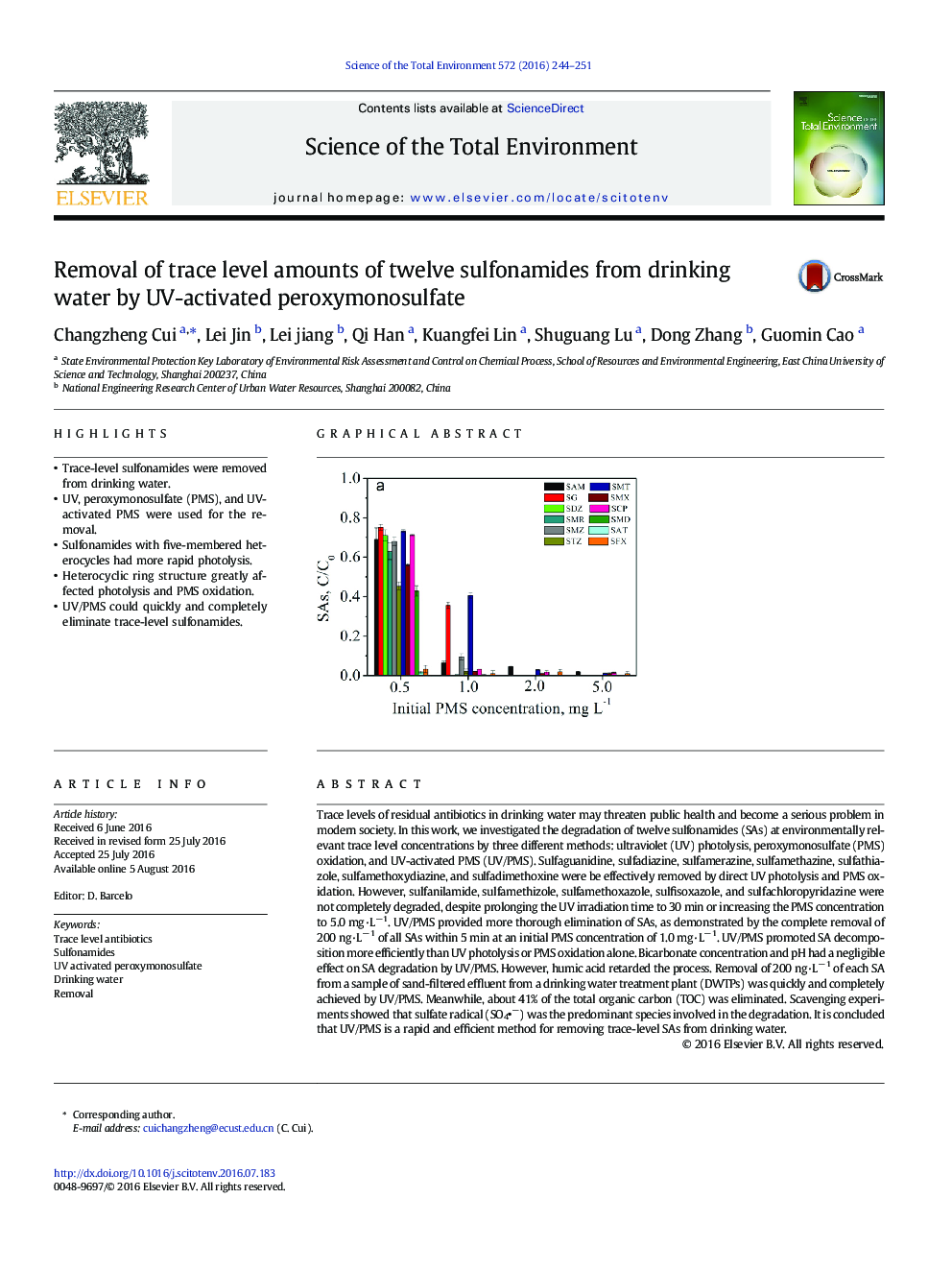 Removal of trace level amounts of twelve sulfonamides from drinking water by UV-activated peroxymonosulfate