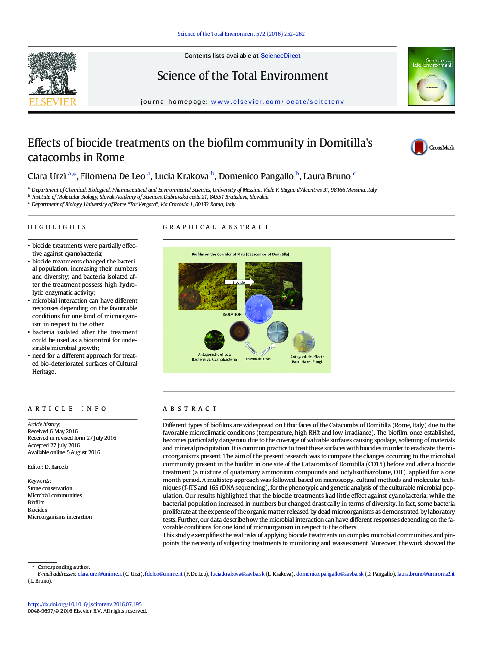 عکس صفحه اول مقاله: Effects of biocide treatments on the biofilm community in Domitilla's catacombs in Rome Effects of biocide treatments on the biofilm community in Domitilla's catacombs in Rome
