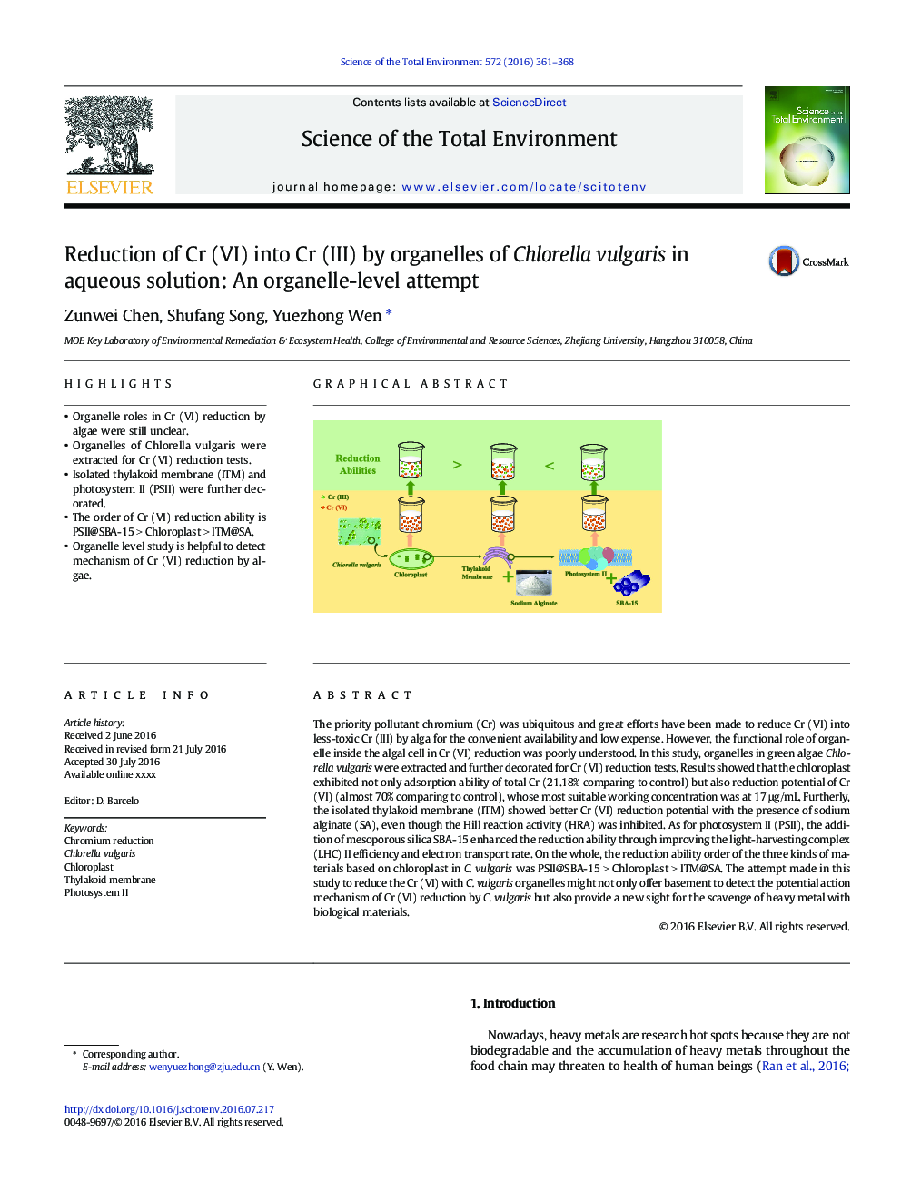 Reduction of Cr (VI) into Cr (III) by organelles of Chlorella vulgaris in aqueous solution: An organelle-level attempt