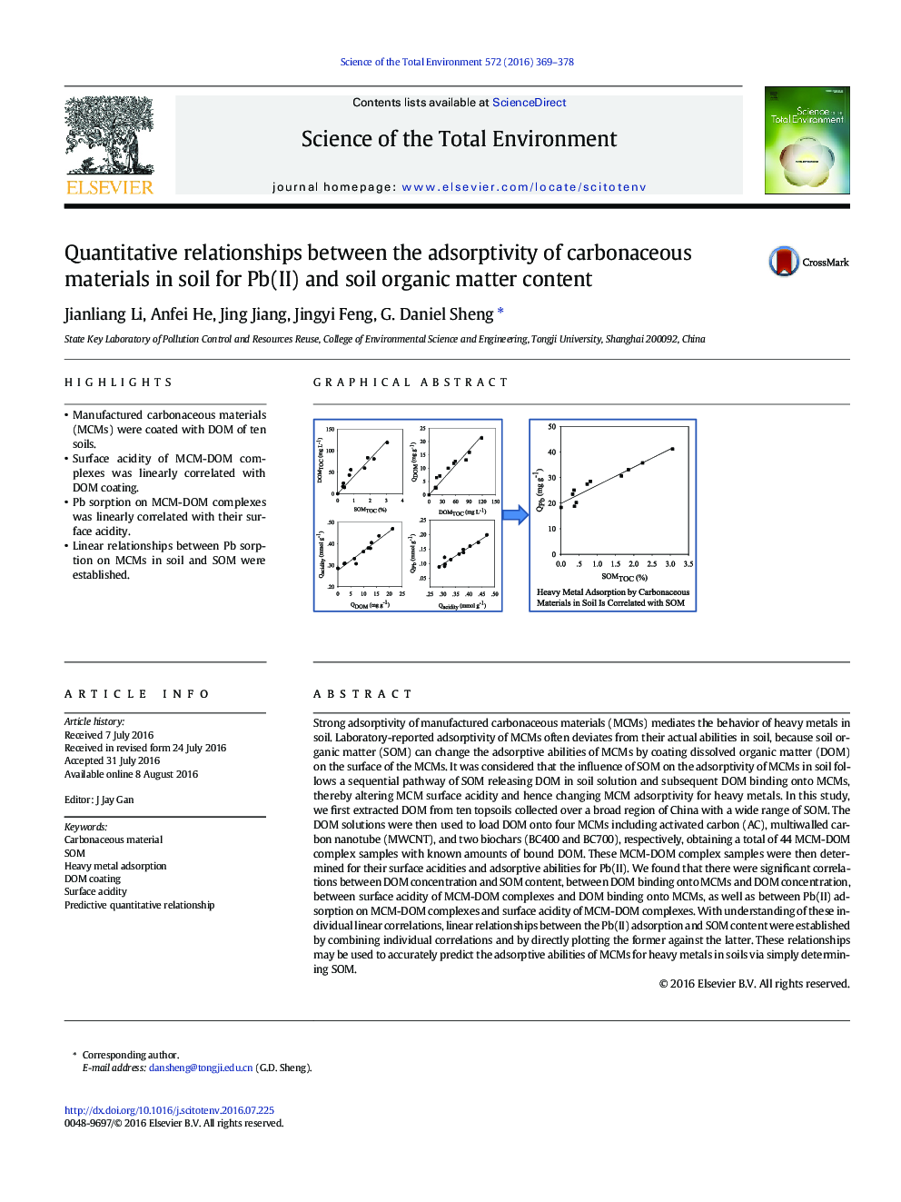 Quantitative relationships between the adsorptivity of carbonaceous materials in soil for Pb(II) and soil organic matter content