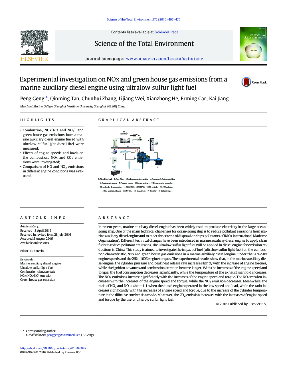 Experimental investigation on NOx and green house gas emissions from a marine auxiliary diesel engine using ultralow sulfur light fuel