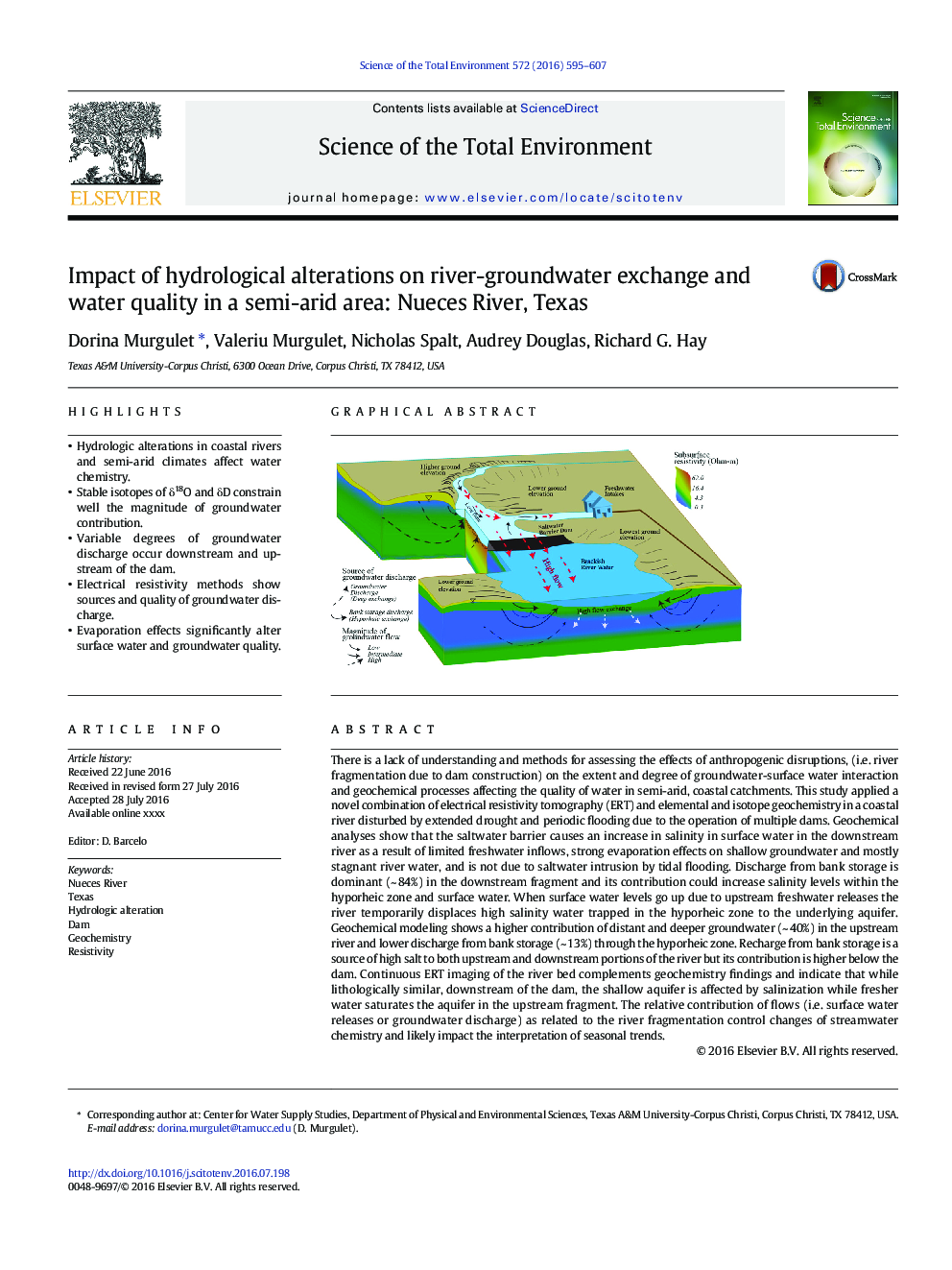 Impact of hydrological alterations on river-groundwater exchange and water quality in a semi-arid area: Nueces River, Texas