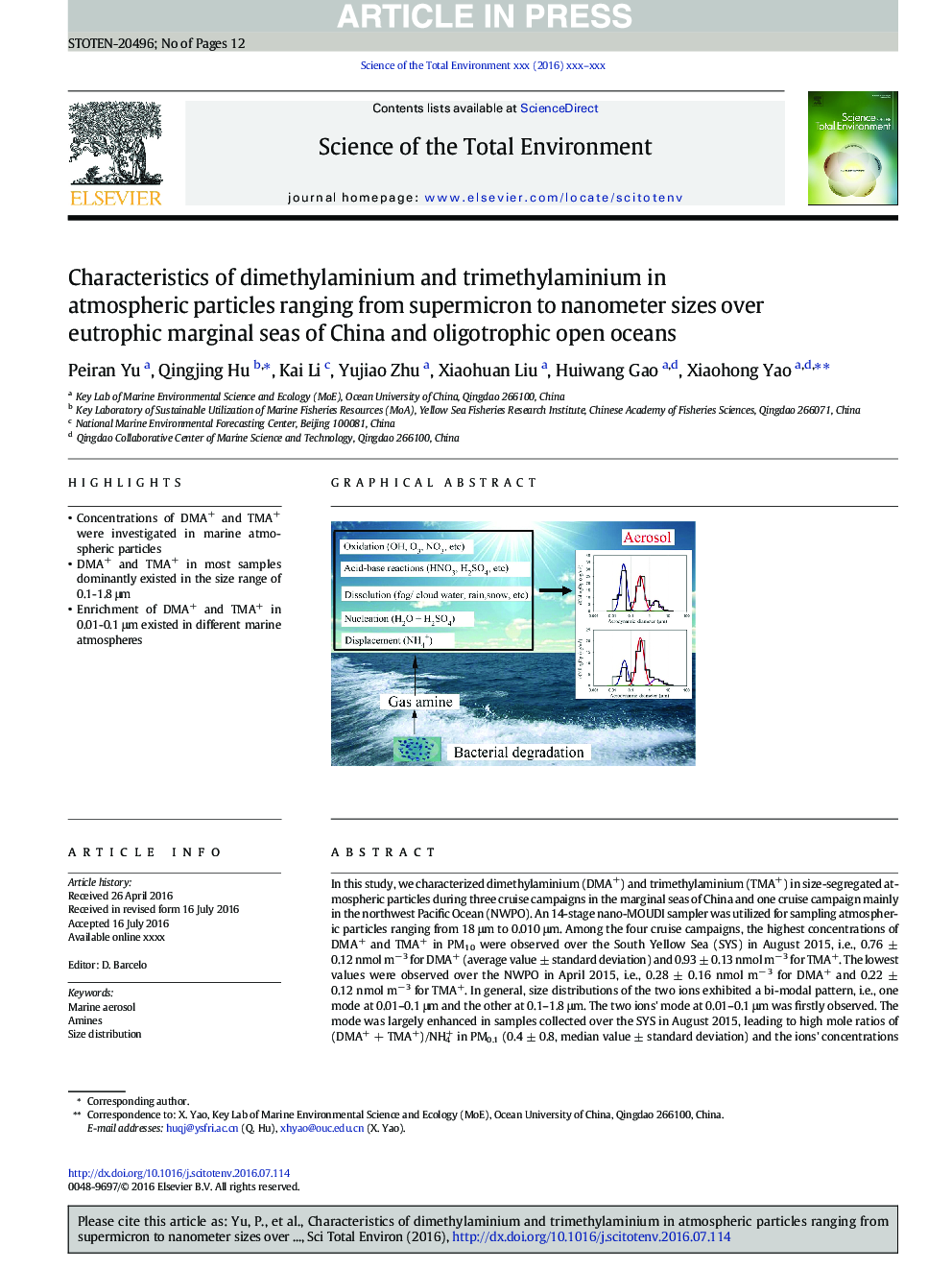 Characteristics of dimethylaminium and trimethylaminium in atmospheric particles ranging from supermicron to nanometer sizes over eutrophic marginal seas of China and oligotrophic open oceans