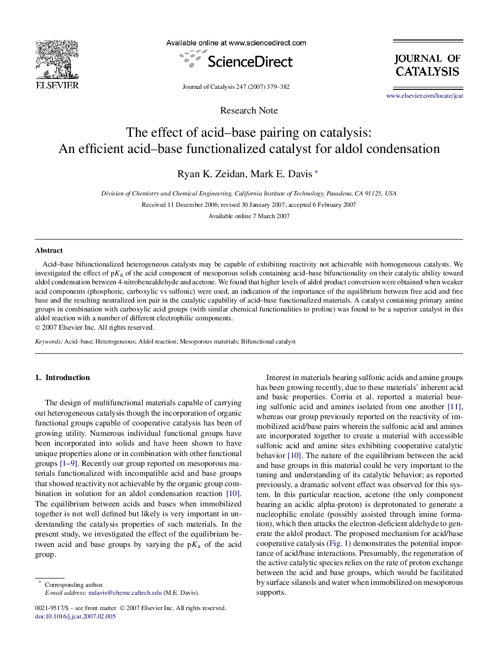 عکس صفحه اول مقاله: The effect of acid–base pairing on catalysis: An efficient acid–base functionalized catalyst for aldol condensation The effect of acid–base pairing on catalysis: An efficient acid–base functionalized catalyst for aldol condensation