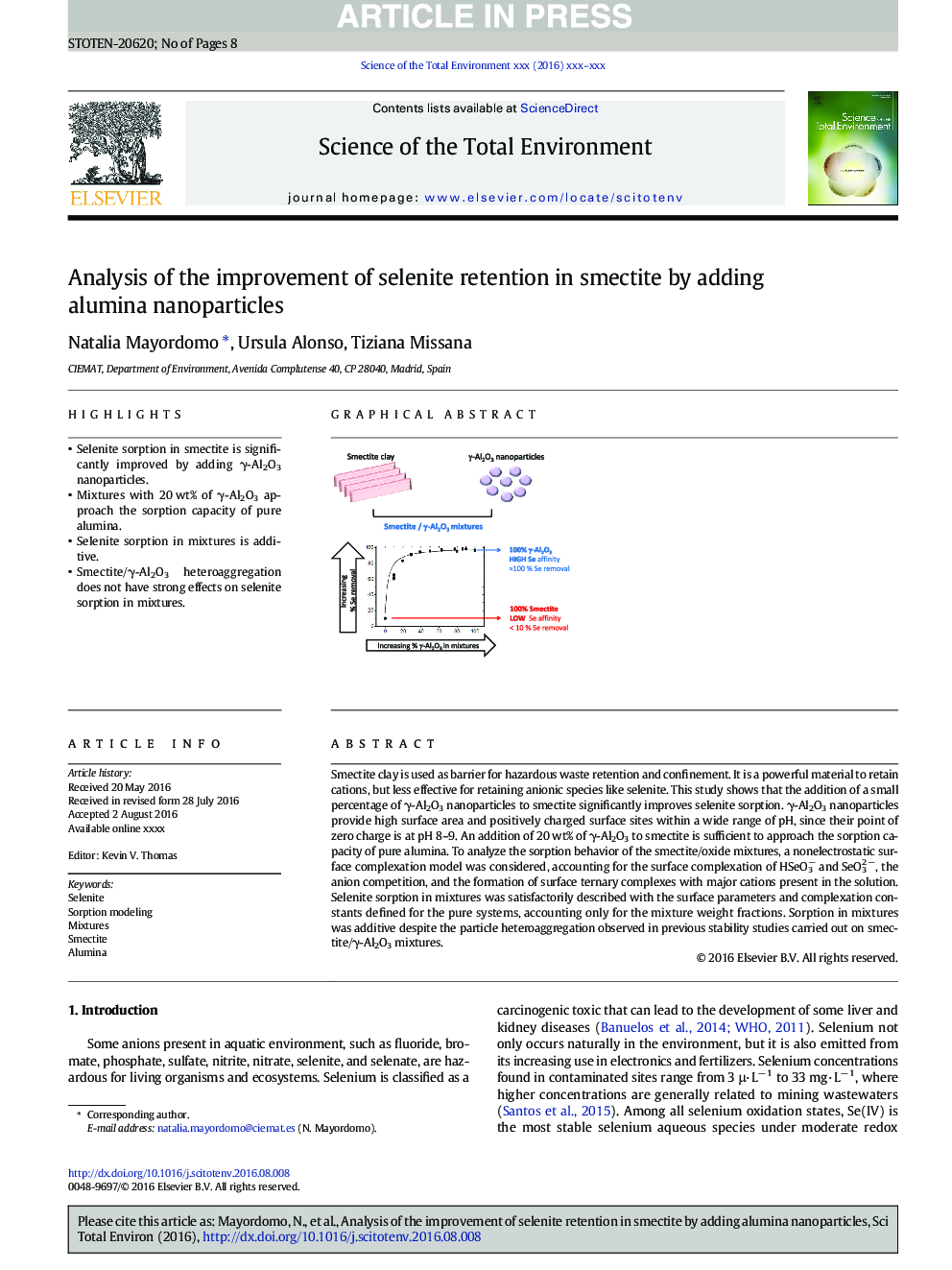 Analysis of the improvement of selenite retention in smectite by adding alumina nanoparticles