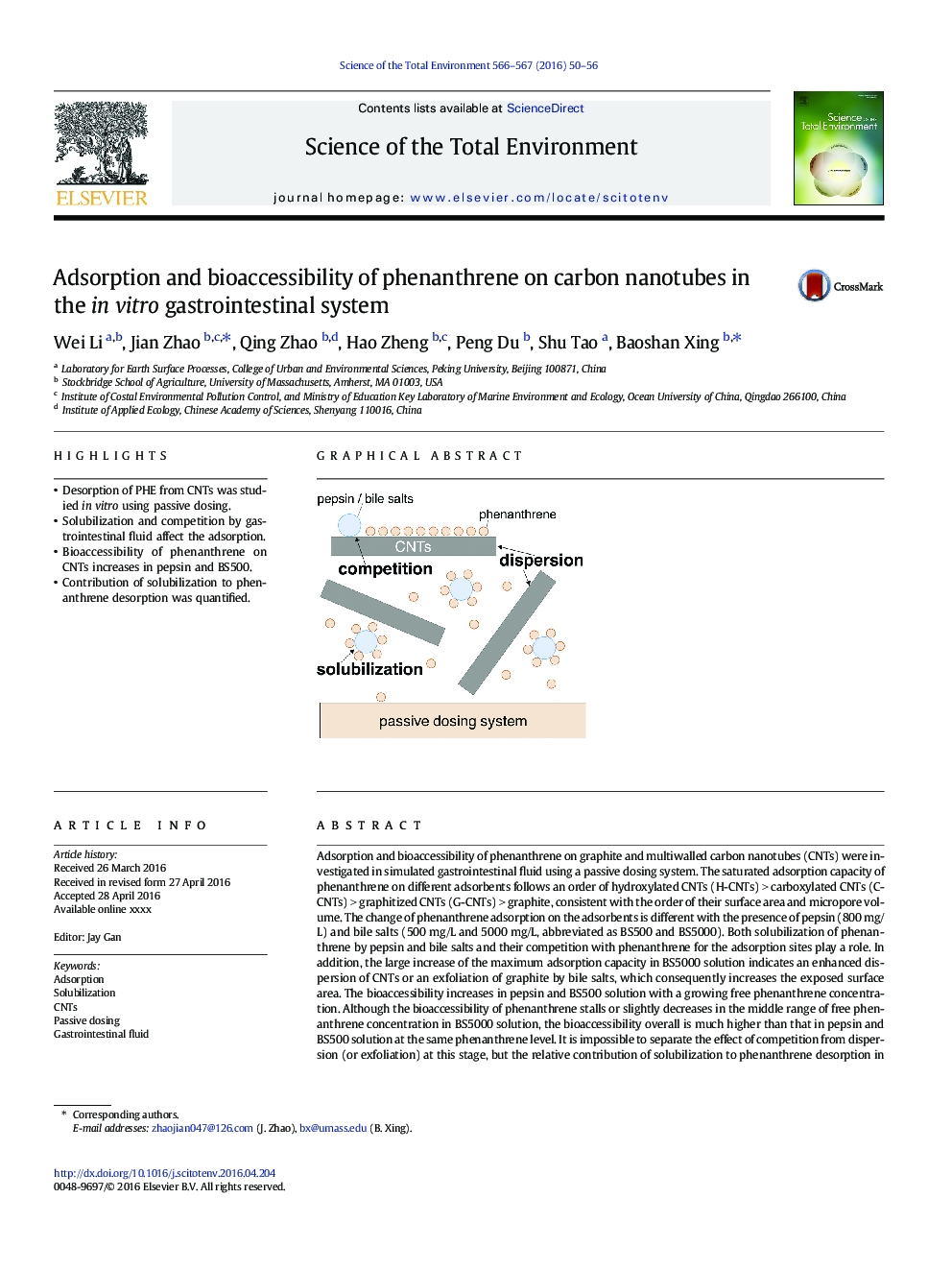 Adsorption and bioaccessibility of phenanthrene on carbon nanotubes in the in vitro gastrointestinal system