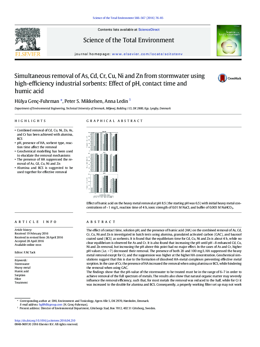 Simultaneous removal of As, Cd, Cr, Cu, Ni and Zn from stormwater using high-efficiency industrial sorbents: Effect of pH, contact time and humic acid